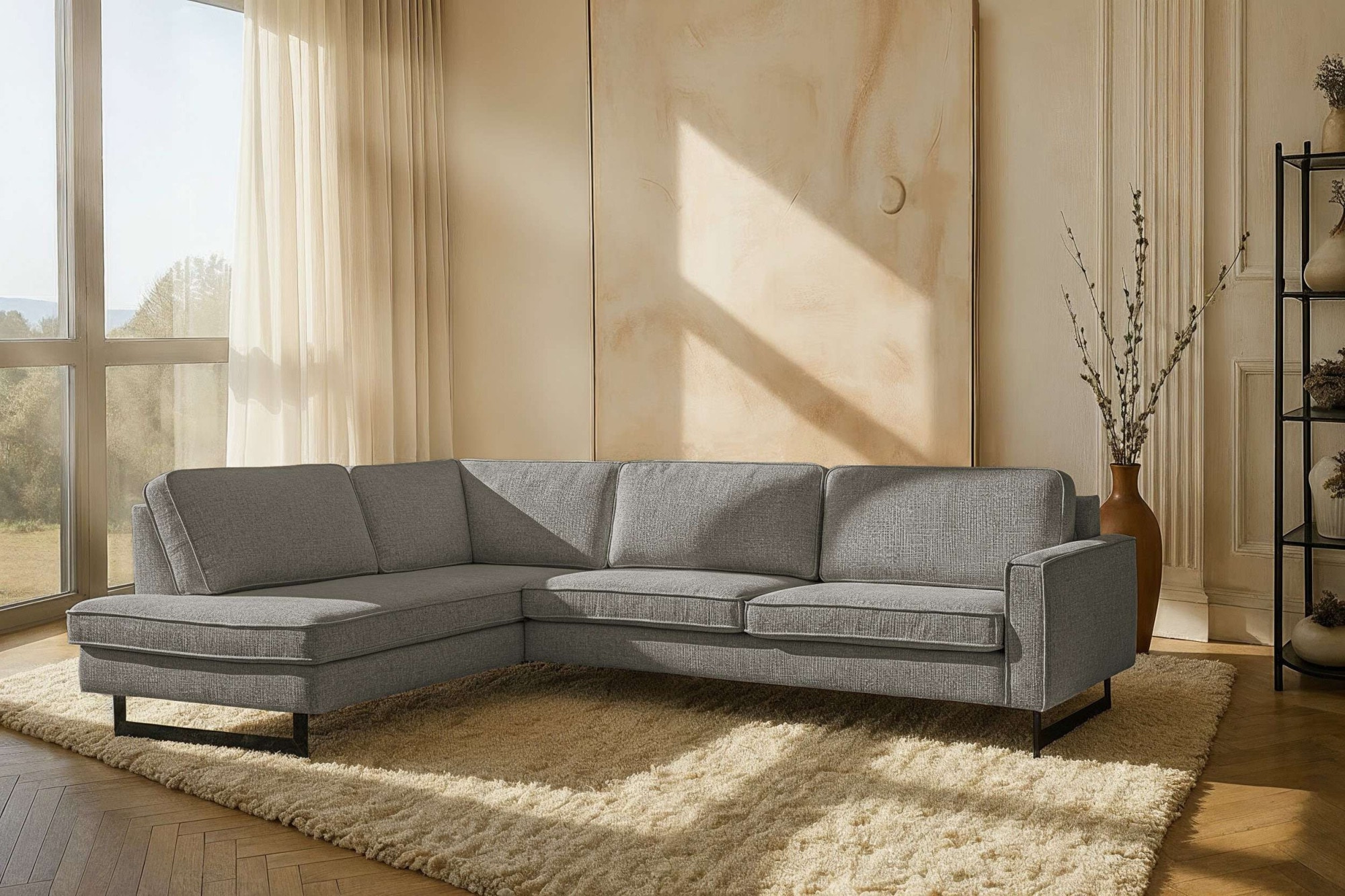 OTTO home Ecksofa "Pinto, 290 cm, Cord, Chenille, Lederoptik, Ottomane links / rechts" mit Keder, schwarze Metallfüße, Wellenunterfederung