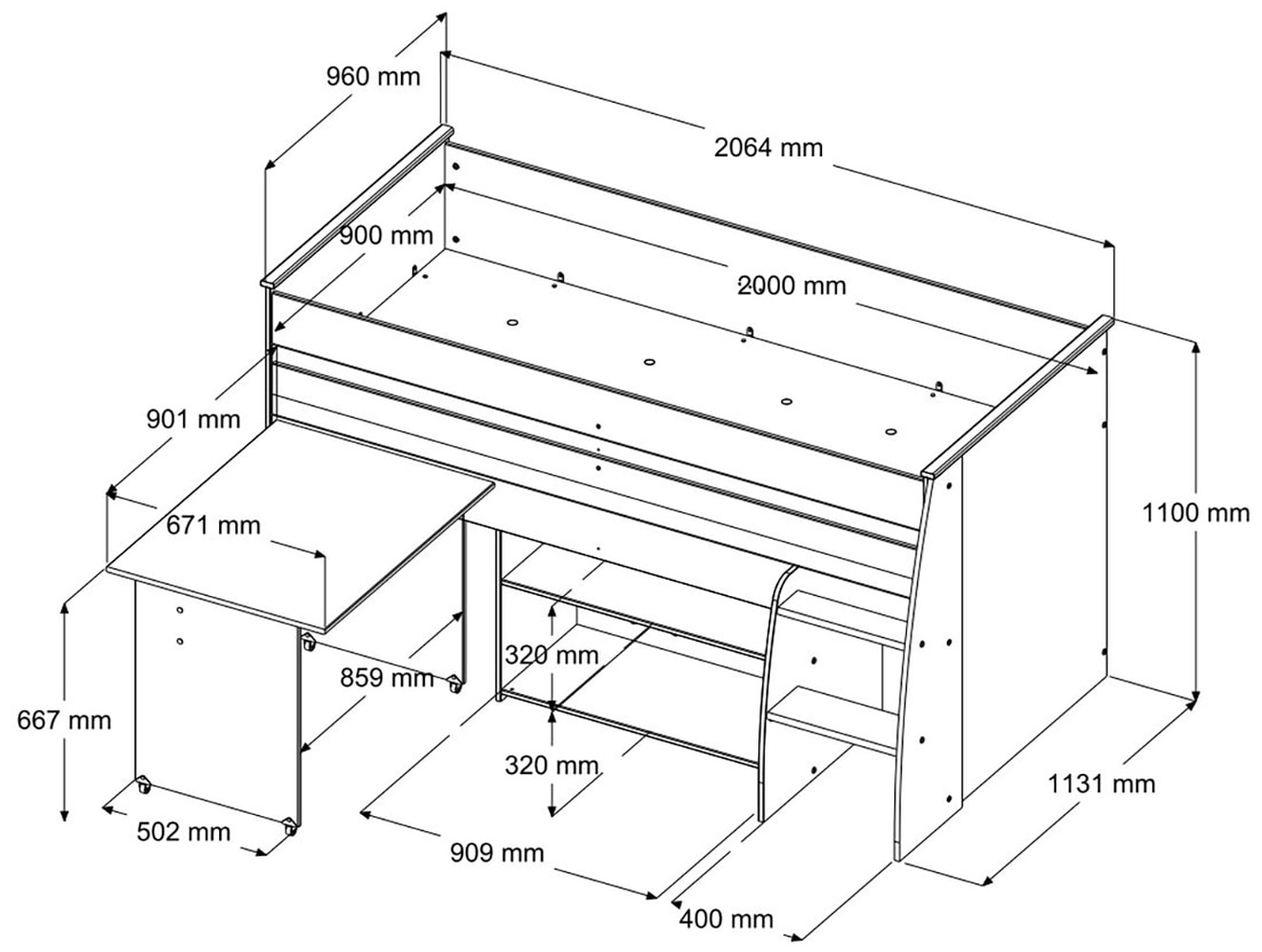 Parisot Jugendzimmer-Set »Reverse 12«, (2 tlg., Hochbett mit Schreibtisch und Kommode + Kleiderschrank, 2-türig), viel Stauraum, platzsparend, Schreibtisch und Kommode integriert