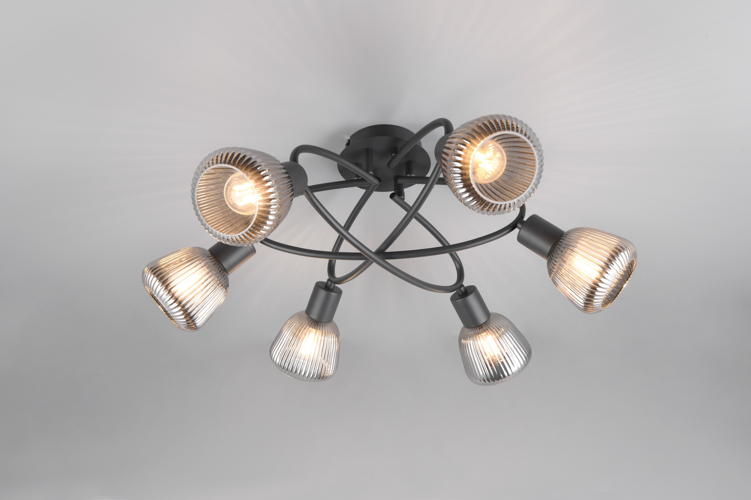 TRIO Leuchten Deckenleuchte »TARIFA, 6-flammige Deckenlampe exkl 6xE14 max 10W, Glas Hängelampe«, 6 flammig, Leuchtmittel E14 | Leuchtmittel wechselbar, Ø 59cm, Glas Lampenschirme in Riffeloptik und leicht verspiegelt, IP20