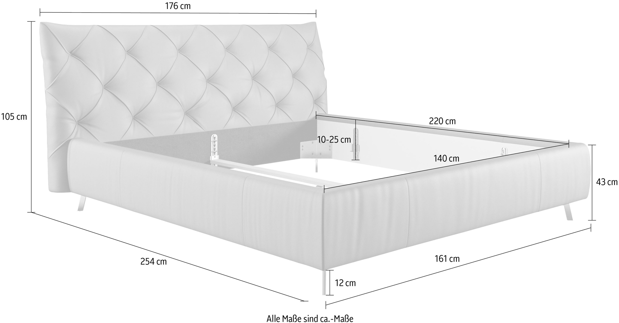 Leonique Polsterbett »Maxime in 4 Breiten, bis 200cm, Bezug Samtoptik oder Struktur«, Kopfteilhöhe 105cm, belastbar bis 280 kg, auch in Überlänge 220 cm