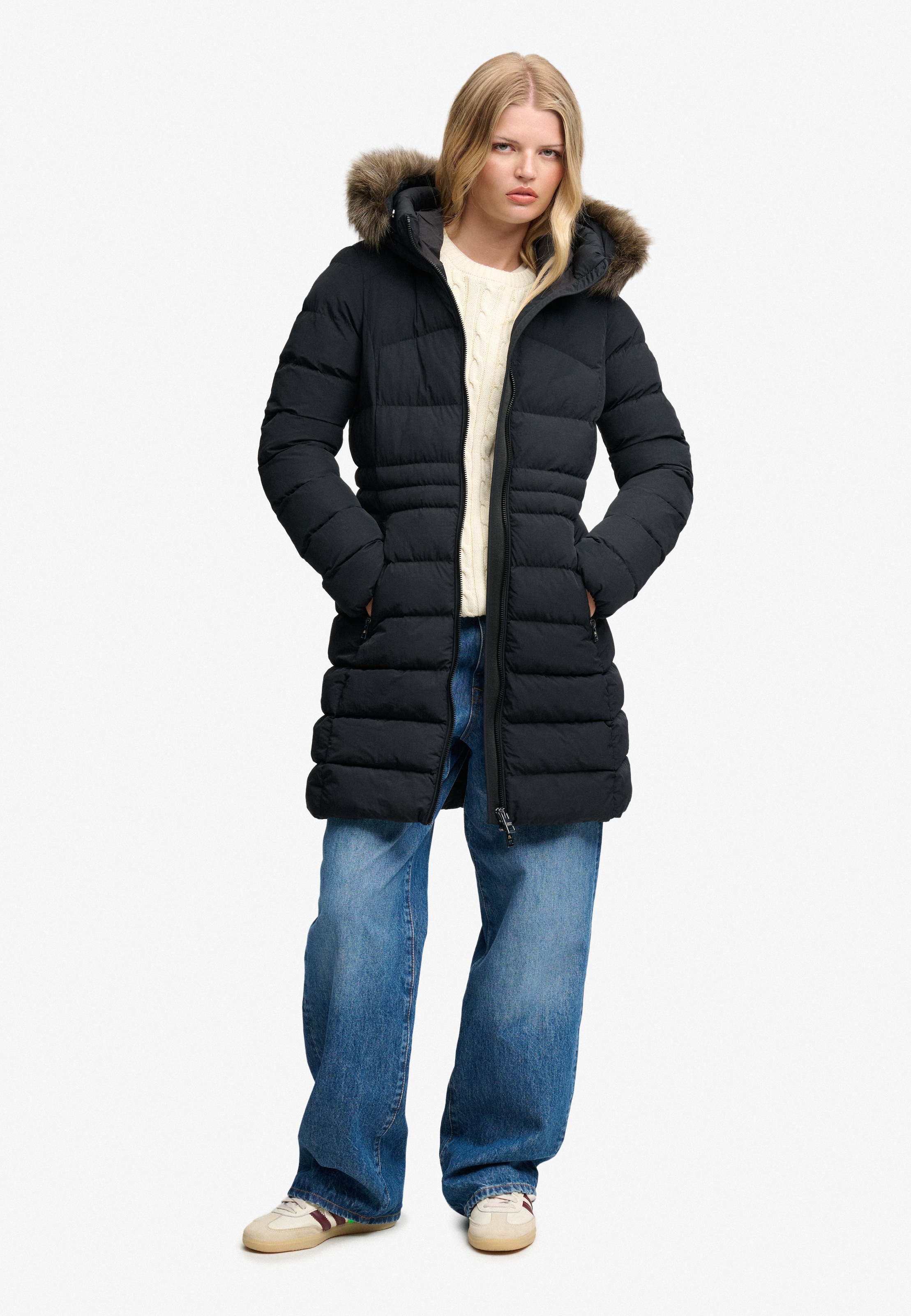 Superdry Steppjacke »HOOD FAUX FUR FUJI MID LENGTH« mit Kapuze Kunstfaser, slim fit
