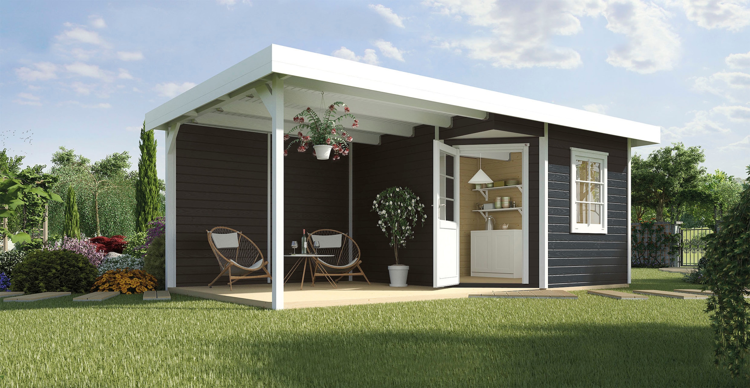 weka Gartenhaus »Designhaus 213 Plus«, (Set), mit Anbaudach und Rückwand