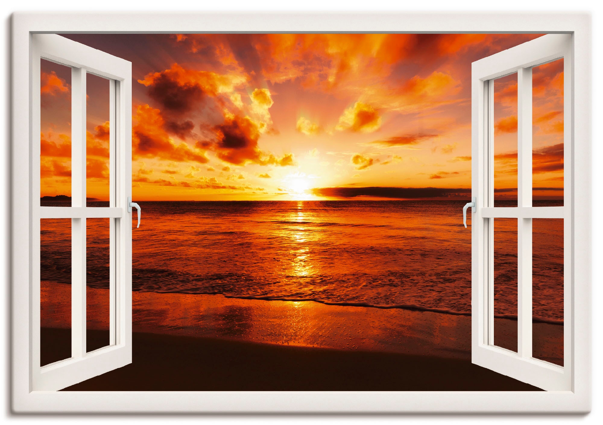 Artland Wandbild "Fensterblick Sonnenuntergang am Strand", Fensterblick, (1 St.), als Leinwandbild, Poster in verschied.