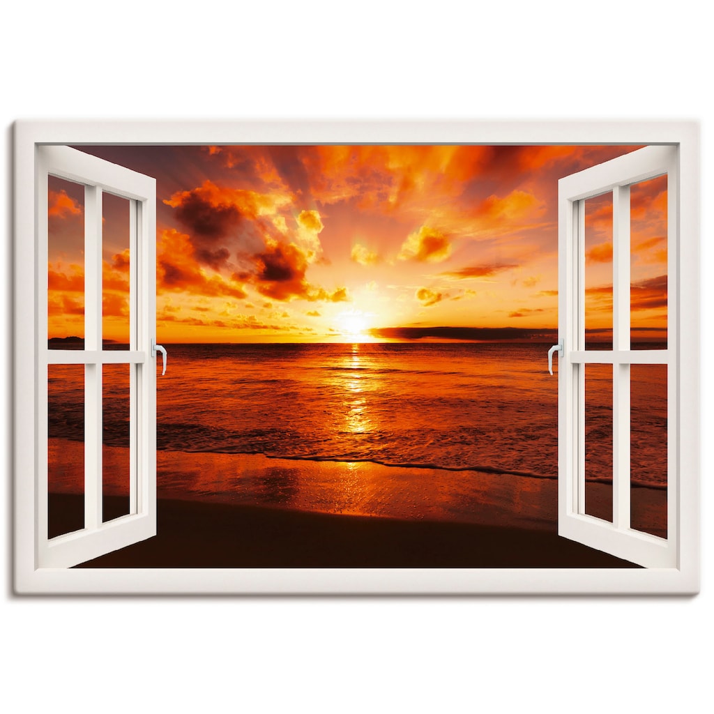 Artland Wandbild »Fensterblick Sonnenuntergang am Strand«, Fensterblick, (1 St.)