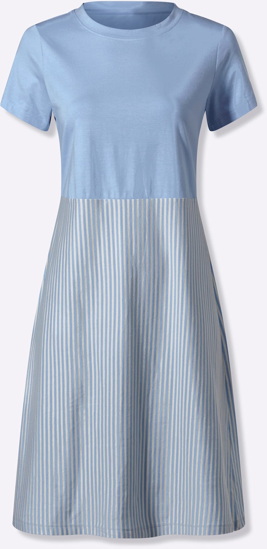 Jerseykleid HEINE "Jersey-Kleid", Damen, Gr. 44, Normalgrößen, eisblau, ecru, gestreift, Jersey, 95% Baumwolle, 5% Elasthan, gemustert, gestreift, mehrfarbig, kurz, Rundhals, Kleider Jerseykleid 3