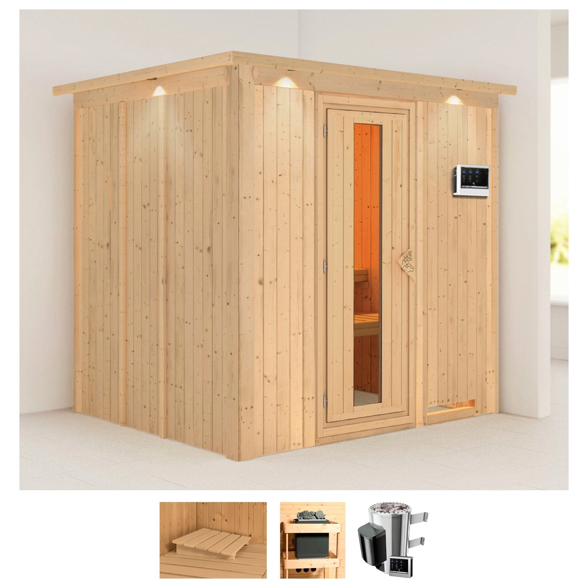 Karibu Sauna "Dima", 3,6-kW-Plug & Play Ofen mit externer Steuerung