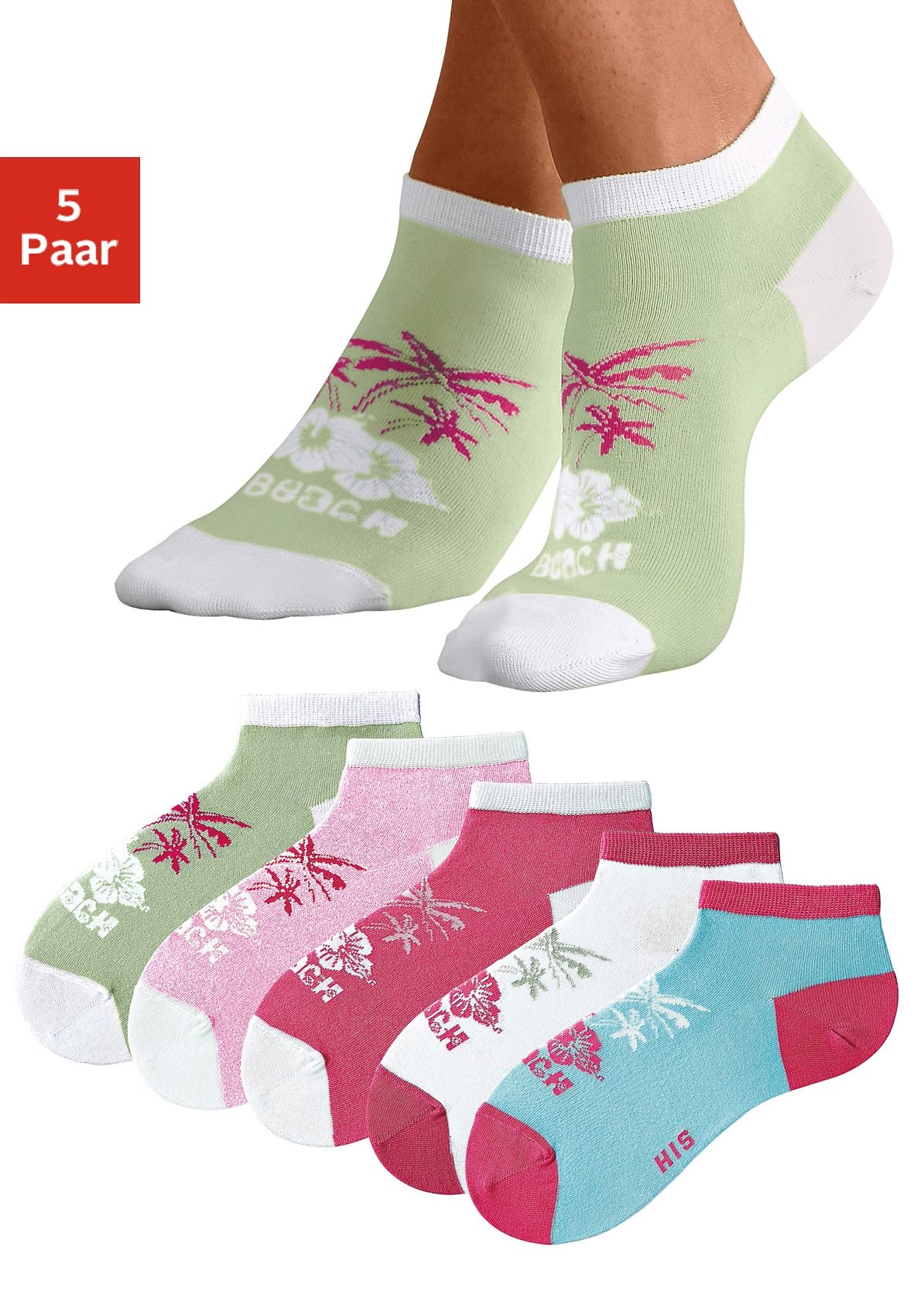 H.I.S Sneakersocken "Kurze bunte Damen Socken" Packung, 5 Stk. tlg. im farbenfrohen Hawaii Design