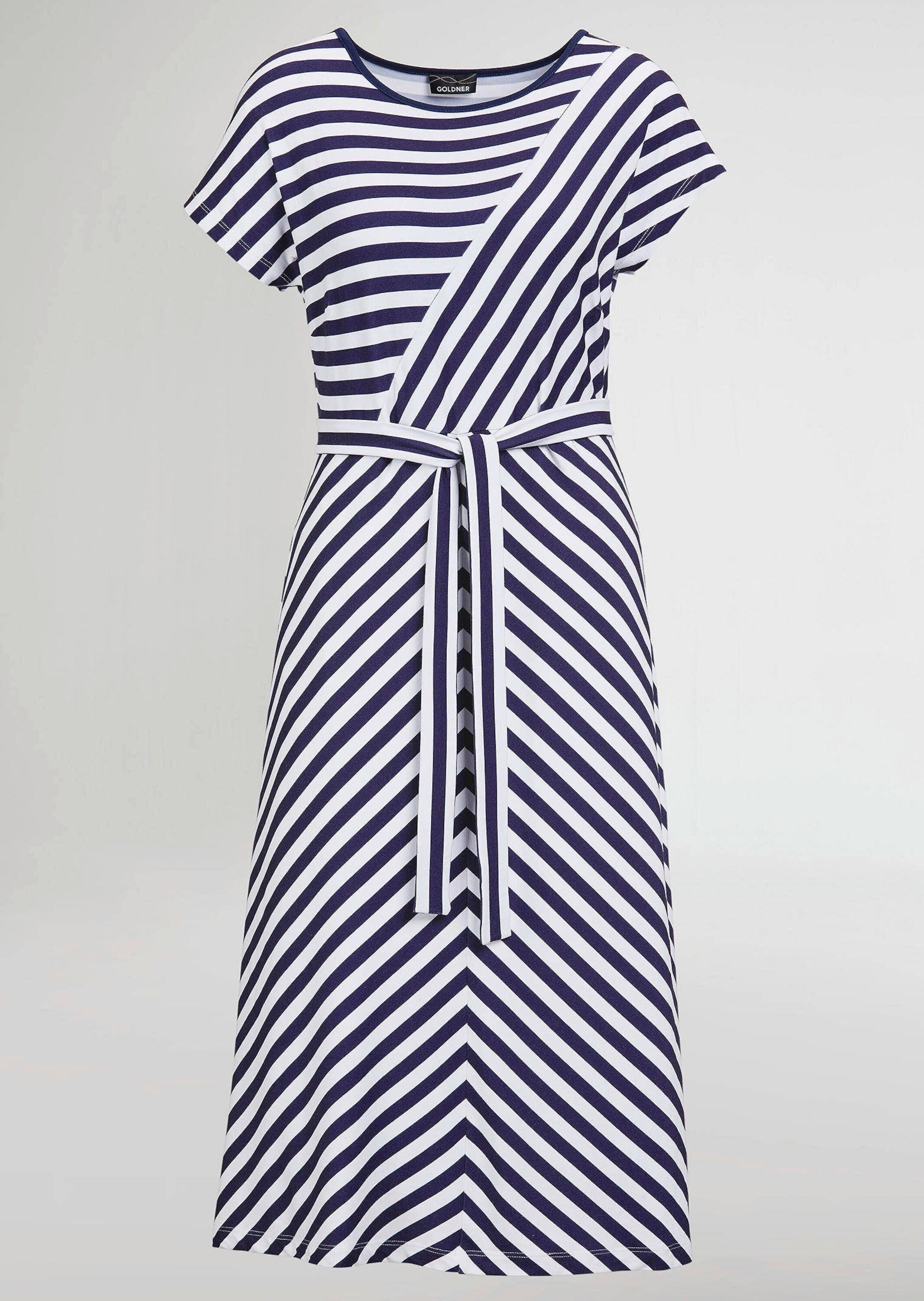 Sommerkleid GOLDNER "Kleid mit U-Boot-Ausschnitt", Damen, Gr. 42, N-Gr, blau (marine, weiß, gemustert), Obermaterial: 95% Viskose CV. 5% Elasthan EL., keine/nicht relevant, Kleider Sommerkleid, Bindegürtel 2