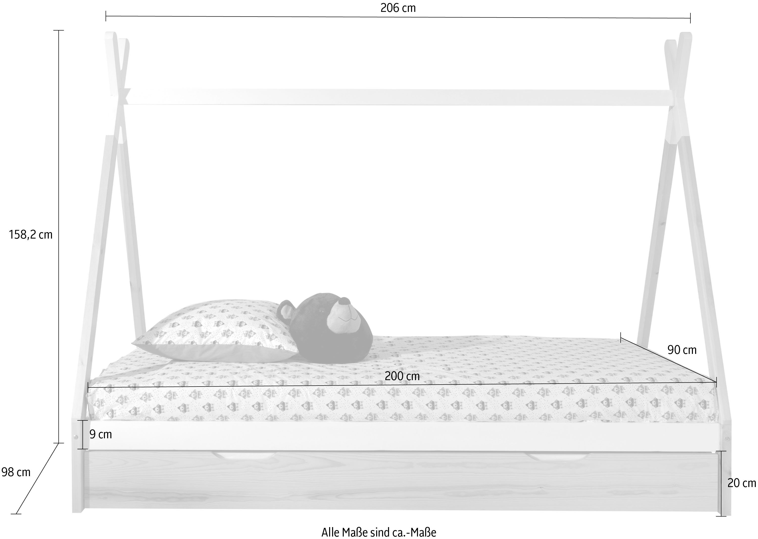 Thumbnail - Vipack Kinderbett "TIPI, Kiefer massiv, 2-farbig lackiert, mit Rolllattenrost" B/H/T ca. 206x158,2x98cm, Querstange kann...