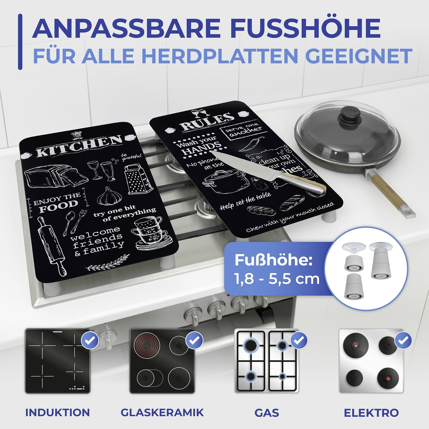 Maximex Herd-Abdeckplatte »Universal Modell KITCHEN RULES«, (Set, 2 tlg.), für Induktions-, Glaskeramik-, Elektro- und Gasherde, höhenverstellbar