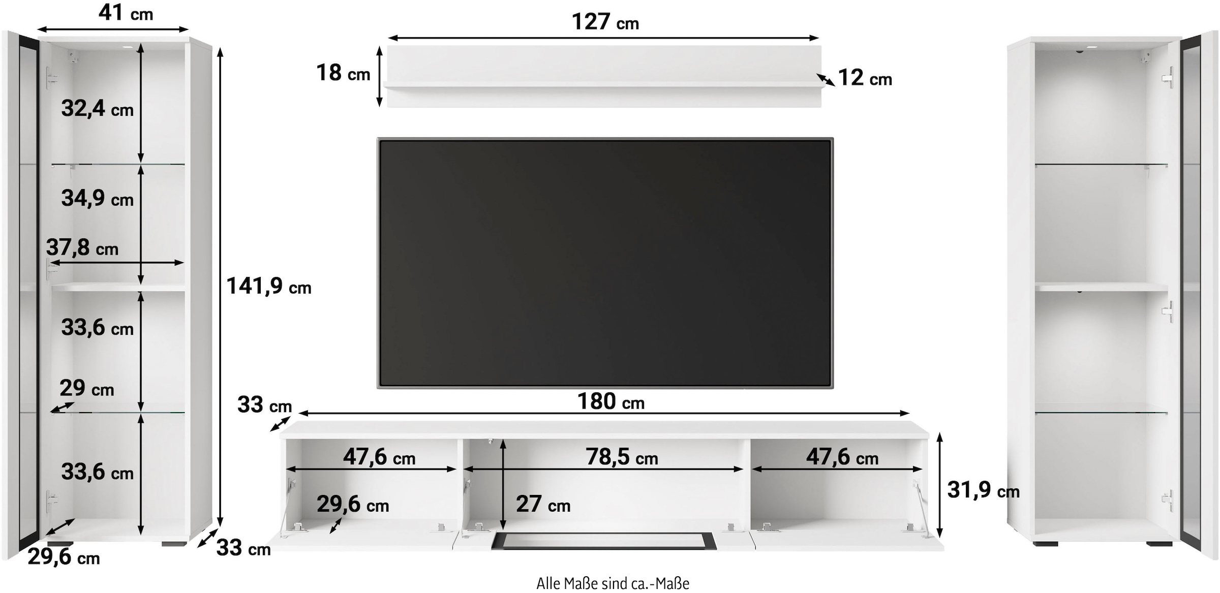 INOSIGN Wohnwand »Caro, stehend und hängend montierbar«, (Komplett-Set, 4 St., Vitrine Türanschlag links/rechts wechselbar), grifflose Design, höhenverstellbare Einlegeböden