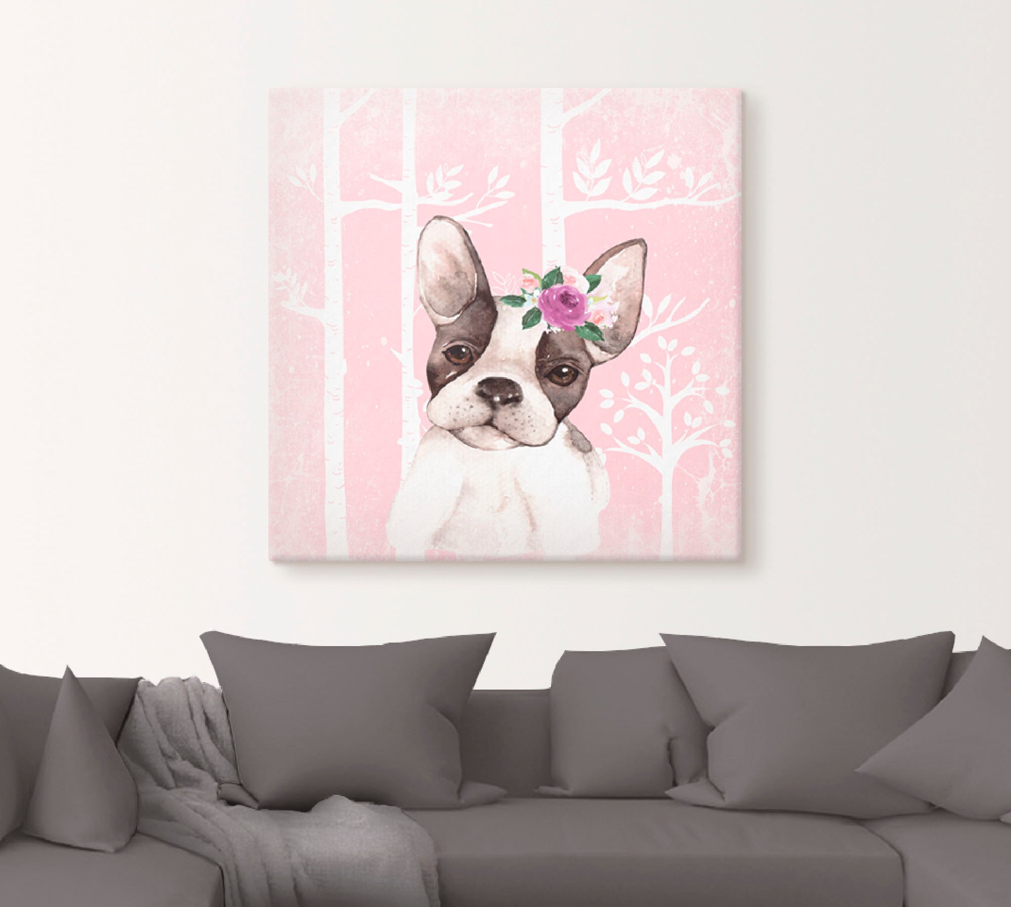 Artland Wandbild »Mops Hund mit Blumen im pink Wald«, Tiere, (1 St.), als Poster, Wandaufkleber in verschied. Größen