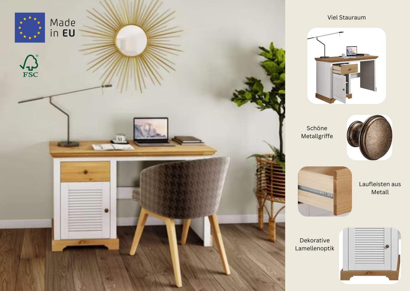 Home affaire Schreibtisch »Ayanna«, Massivholz, mit Schublade und Tür, Lamellenfront, Breite 130 cm