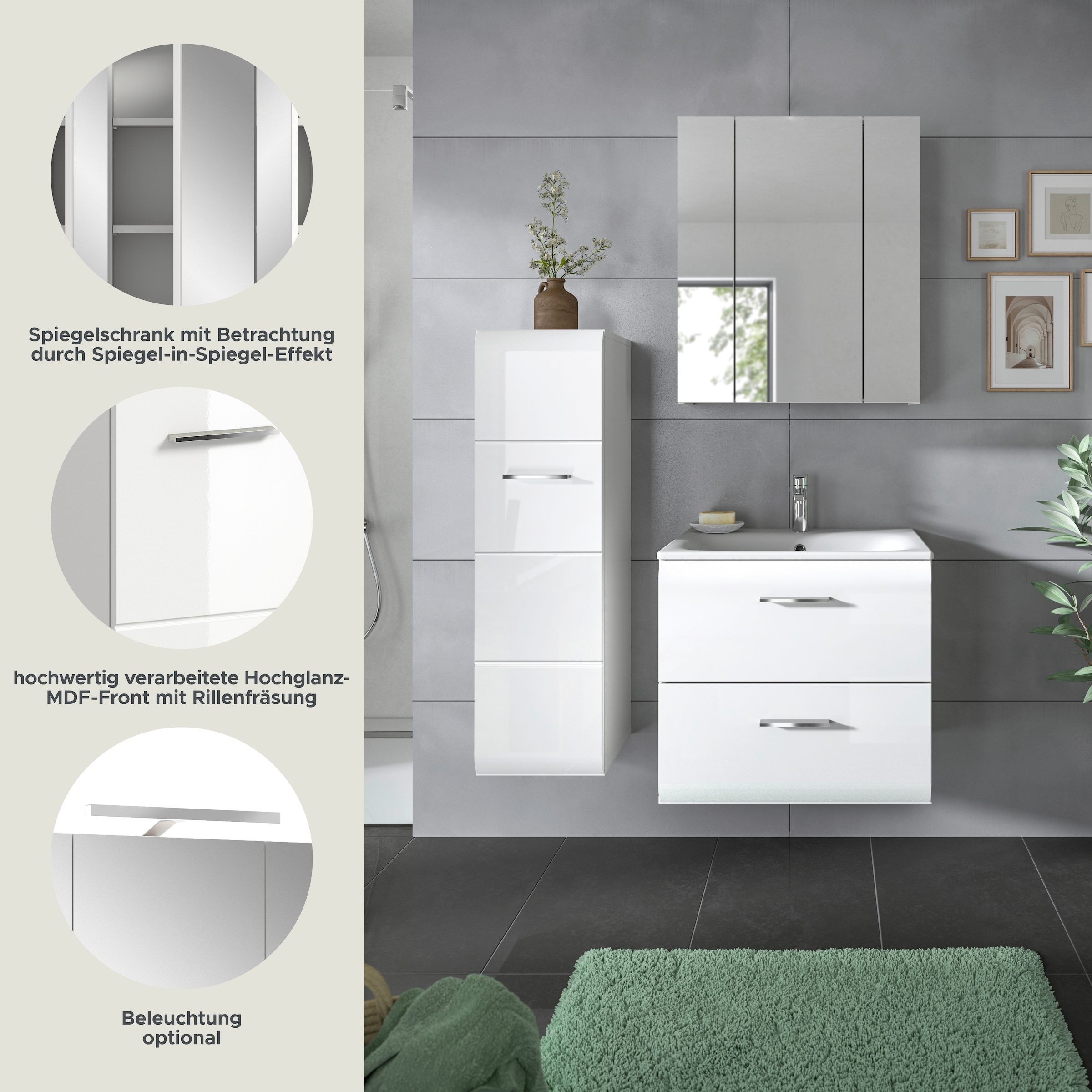 INOSIGN Badezimmer-Set, (Set, 4 St.), Florenz, Badkombination 4-tlg.,Weiß hochglanz, inkl. Waschbecken