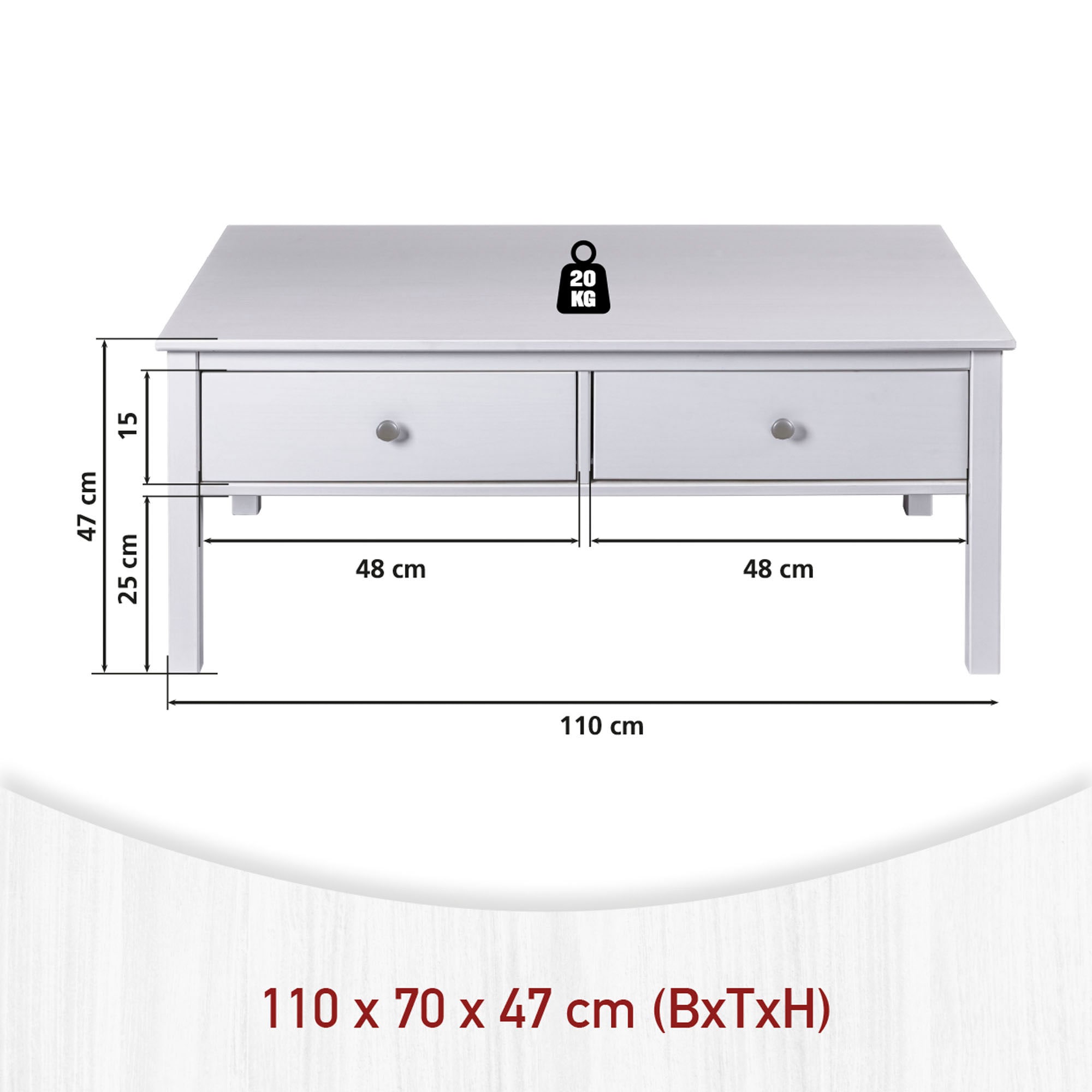 Inter Link Couchtisch »Pinora aus massiver Kiefer, weiss lackiert, 110 x 70 x 47 cm« 1 Stk. tlg. Salontisch im modernem Skandi Look, mit 2 Schubladen
