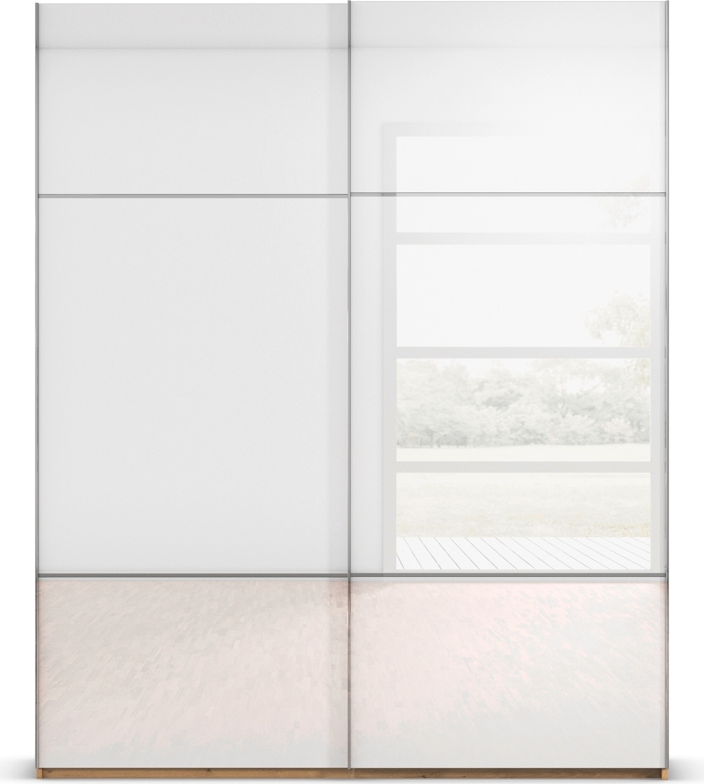 rauch Schwebetürenschrank »Kleiderschrank Schrank Garderobe Schlafzimmerschrank SCALE-TRIO«, edle dreigeteilte Front mit 2 Zierleisten Glasfront MADE IN GERMANY