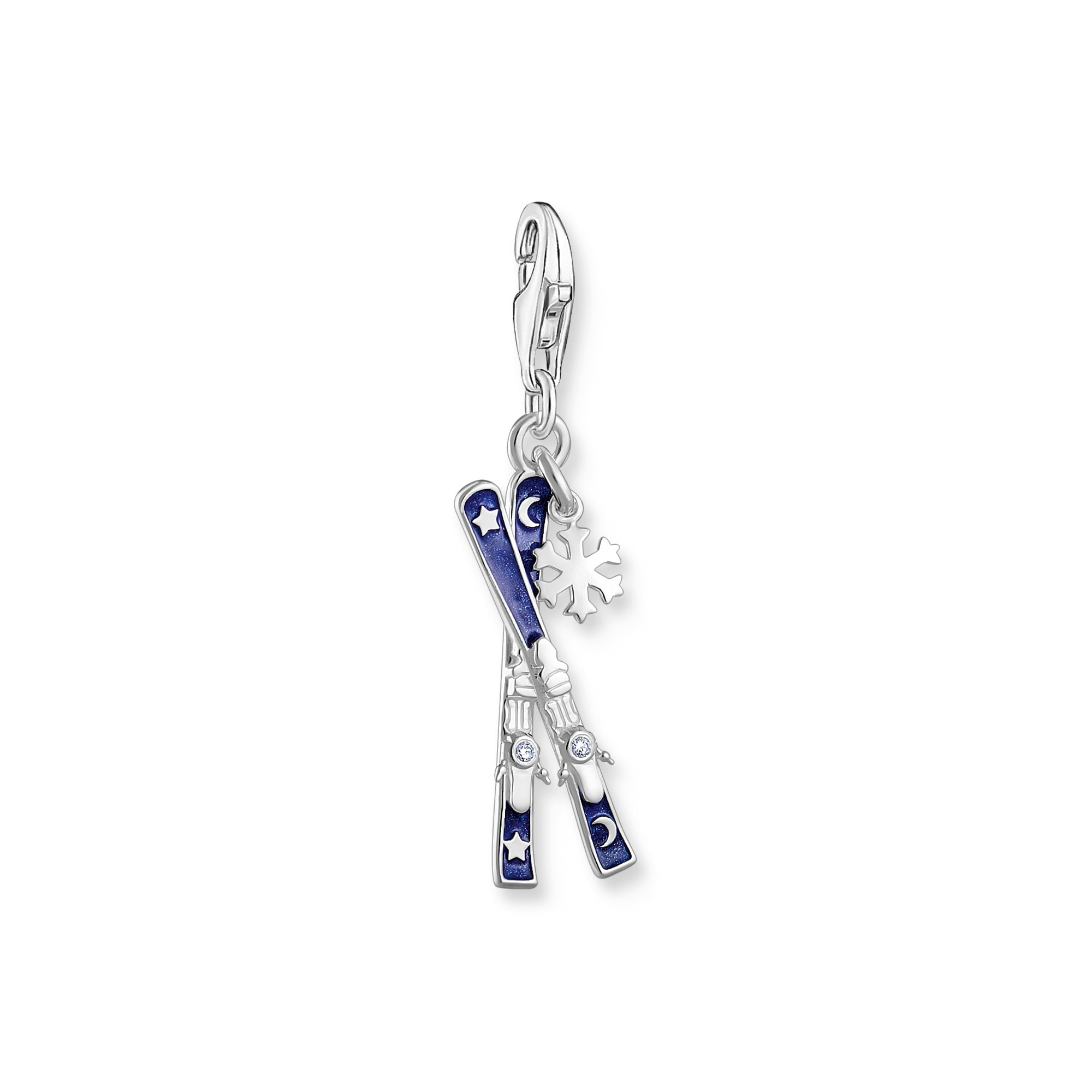 THOMAS SABO Damen Charm-Einhänger "Skier mit Schneeflocken"silberfarben, dunkelblau, kristallweiß, kristallweiß, Silber 925 (recycelt), Charms, mit