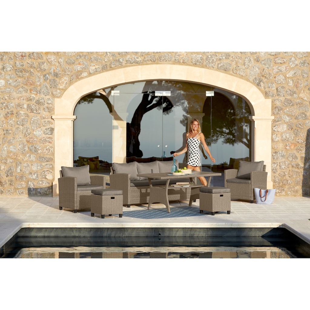 KONIFERA Gartenlounge-Set »Amsterdam«, (Set, 16 tlg., 1x 3er Sofa, 1x 2 Sessel, 2x Hocker, 1xTisch 144,5x74x67cm,Polyrattan)