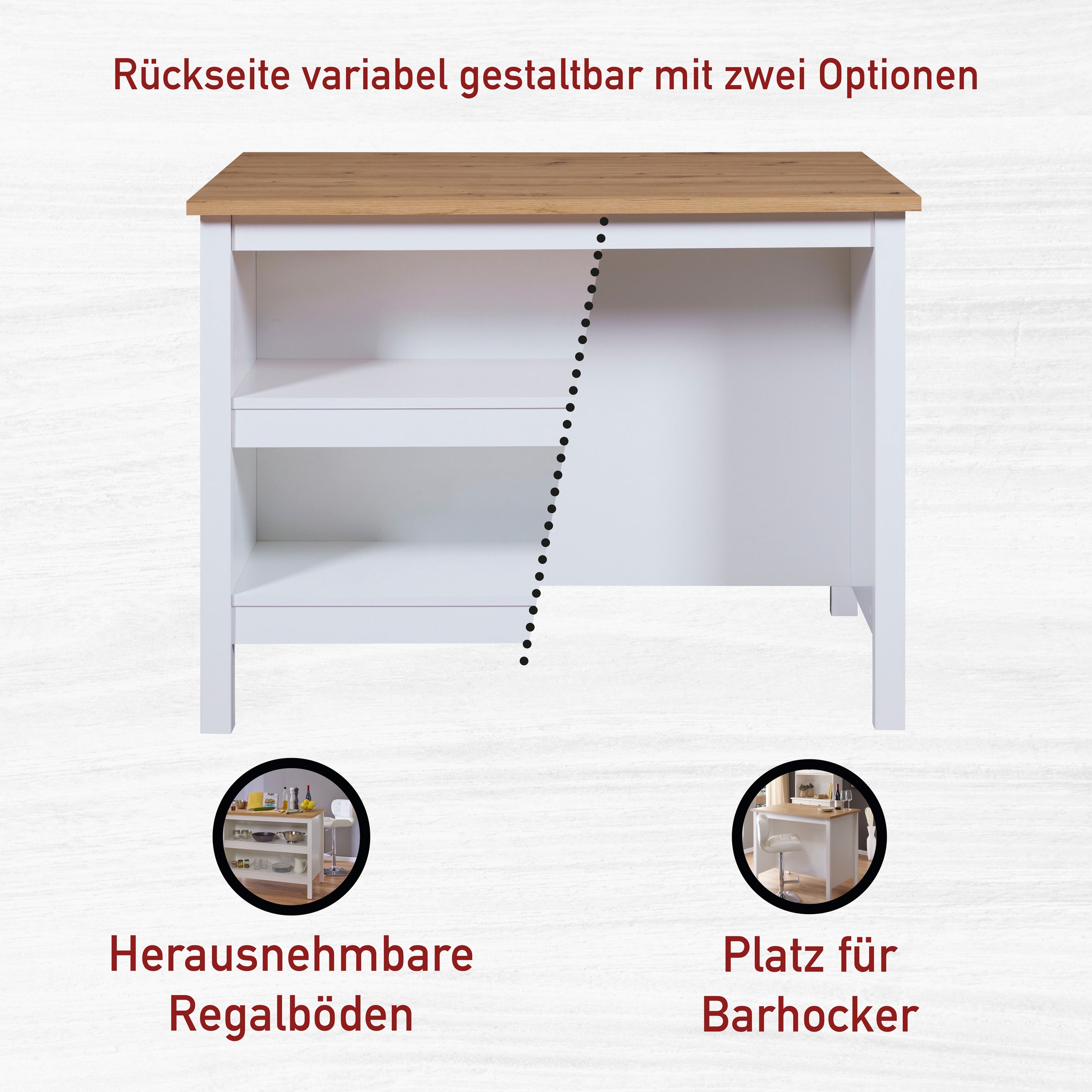 Inter Link Bartisch »Enoli im Skandi Look, multifunktional für Küche & Essbereich, Weiss« 1 Stk. tlg. Kücheninsel mit Soft-Close, Platz für 2 Hocker, 124x75x91 cm