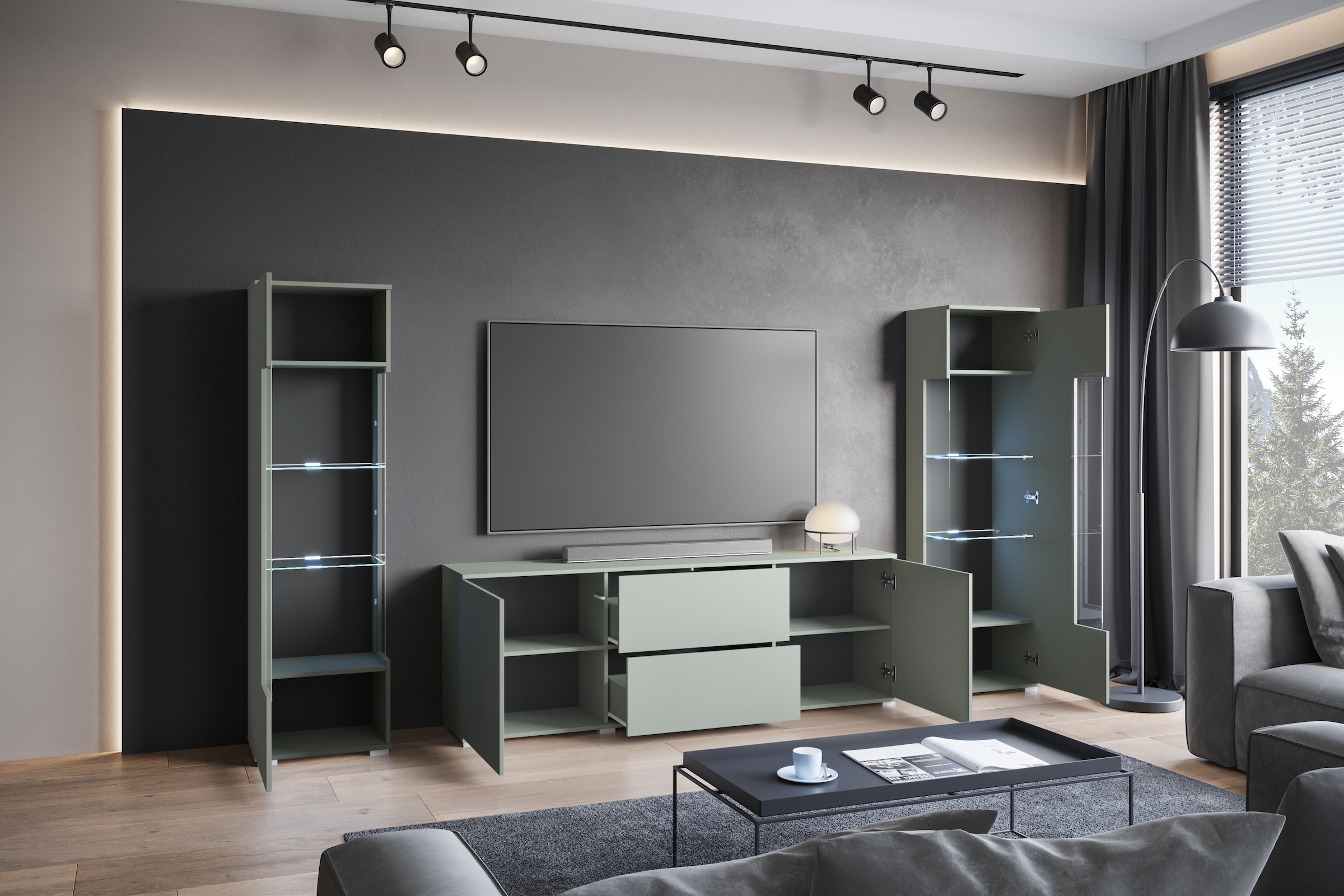 INOSIGN Wohnwand »Kenia«, (Komplett-Set, 3 St.), Vitrinen mit Eckverglasung, hängend und stehend montierbar