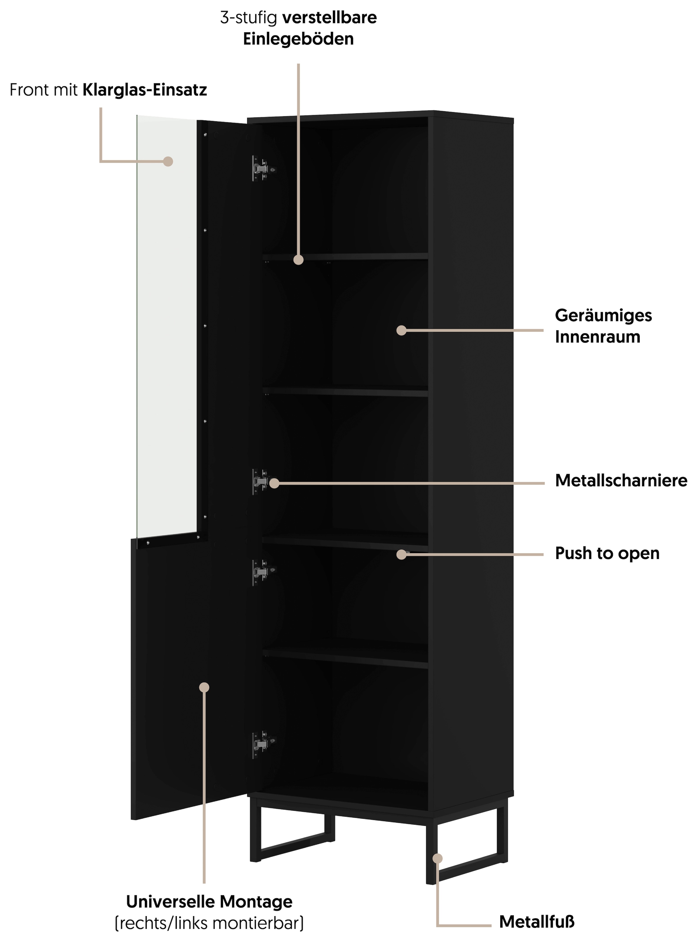 OTTO home Vitrine »Olbia, Höhe 180cm, Standvitrine mit Glastür, Metallkufen, push-to-open« Hochschrank mit viel Stauraum, Glastür, verstellbaren Einlegeböden