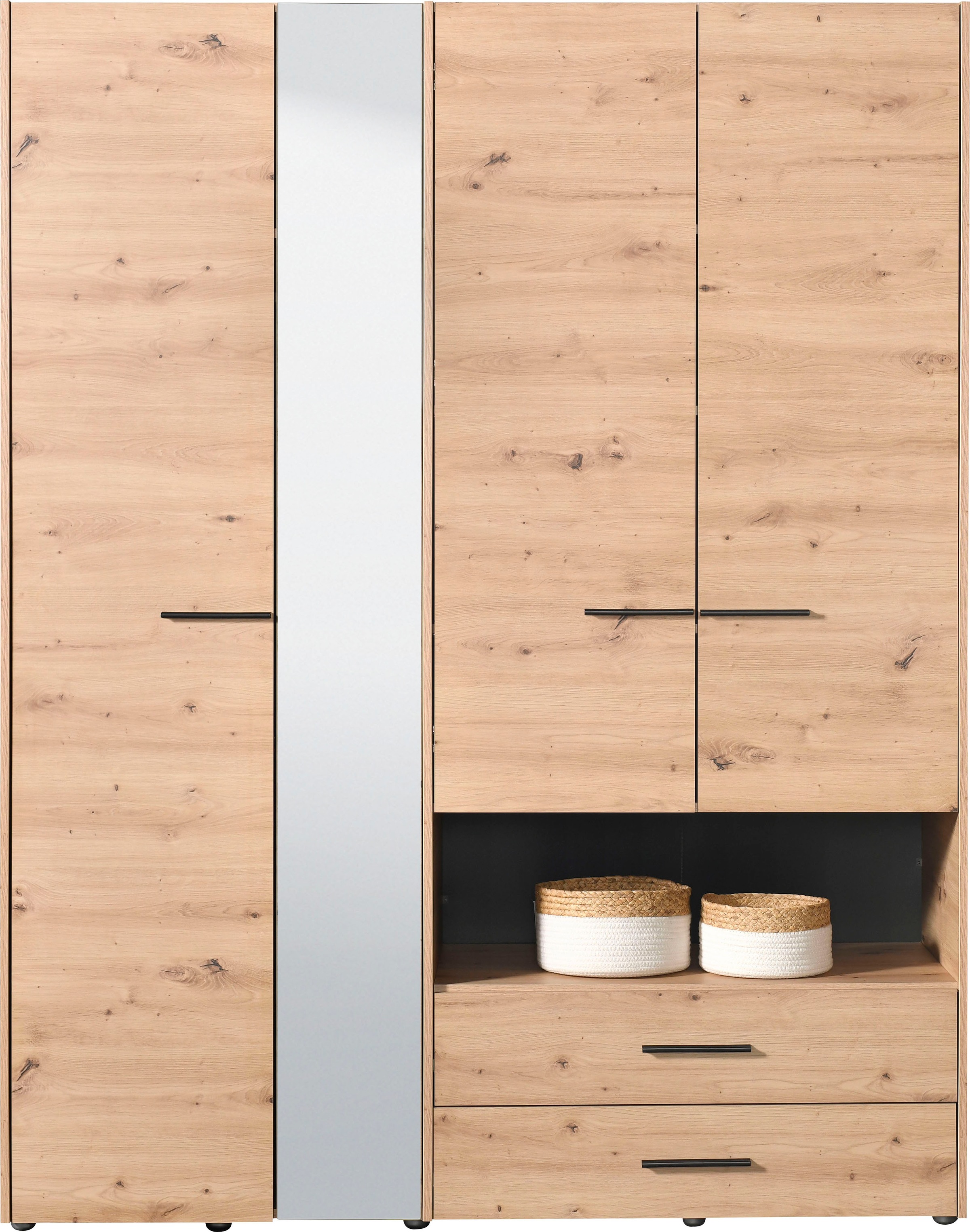 INOSIGN Kleiderschrank »Leon, FSC® -zertifiziertem Holzwerkstoff«, mit Spiegel, Innenausstattung und 2 Schubladen, 127,5x55x205,5cm