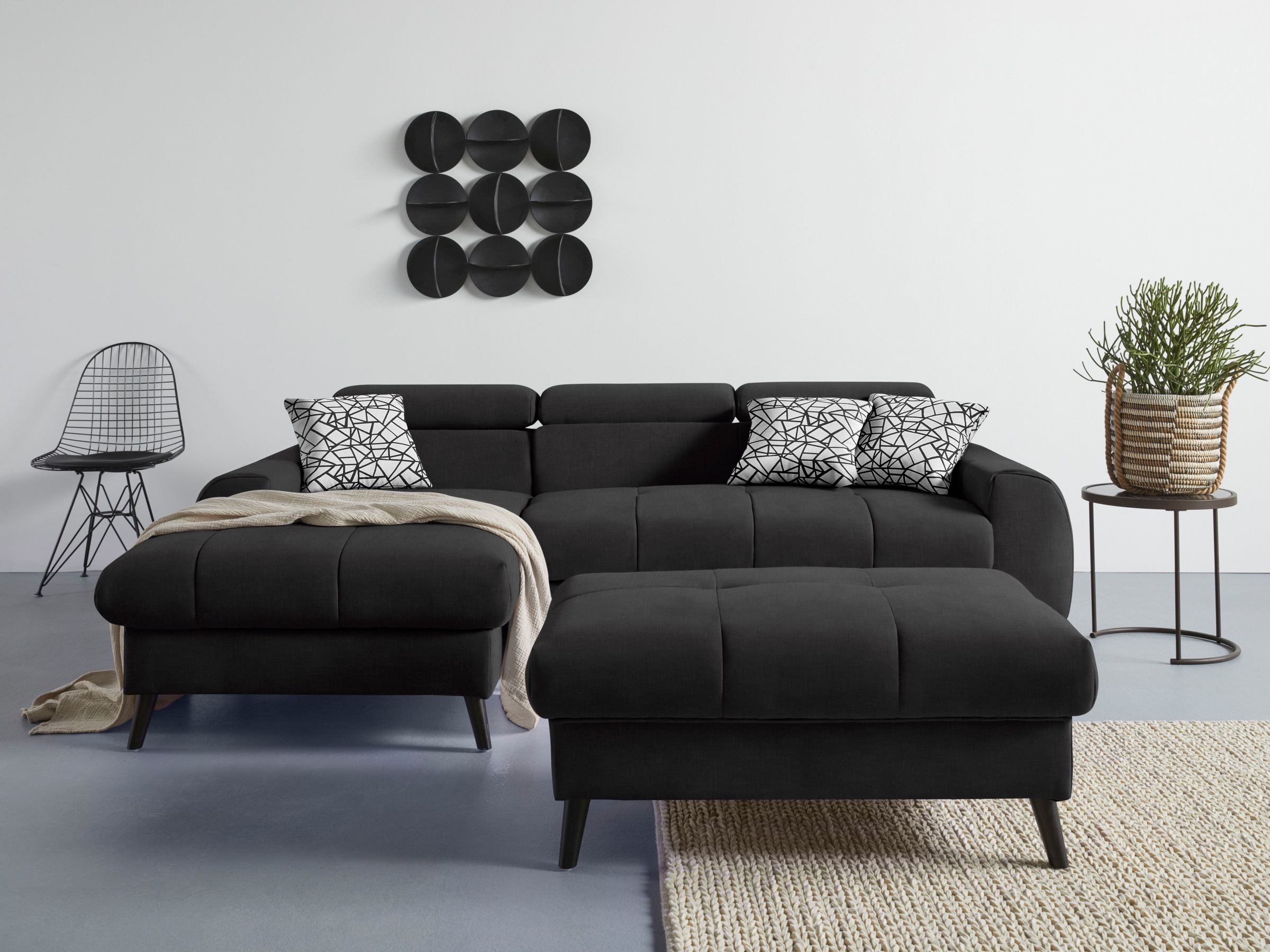 COTTA Ecksofa »Mia L-Form mit 3 Zierkissen«, wahlweise mit Bettfunktion, Bettkasten, Beleuchtung & Wireless-Charger