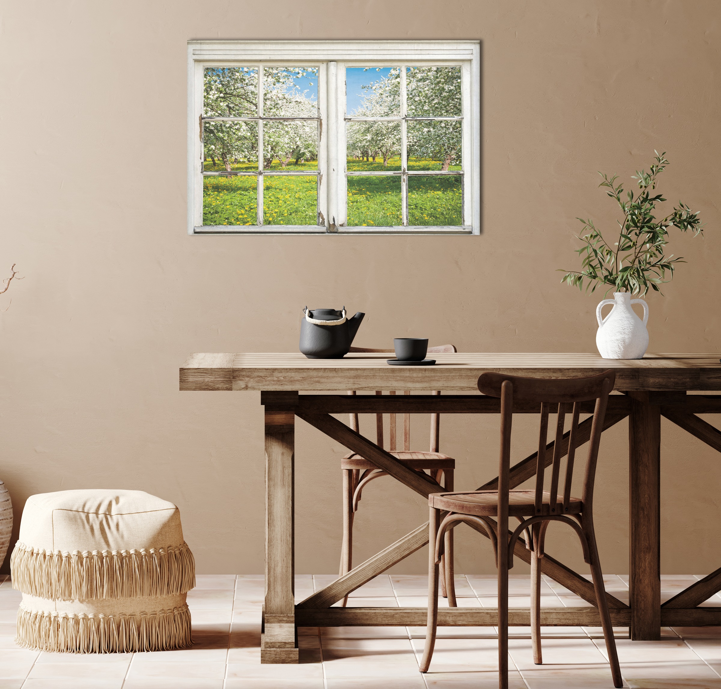 queence Leinwandbild »Apfelbäume«, Bäume-Natur-Wiesen & Bäume-Fensterblick, (1 St.), Premium-Leinwandstoff, Handarbeit aus Deutschland