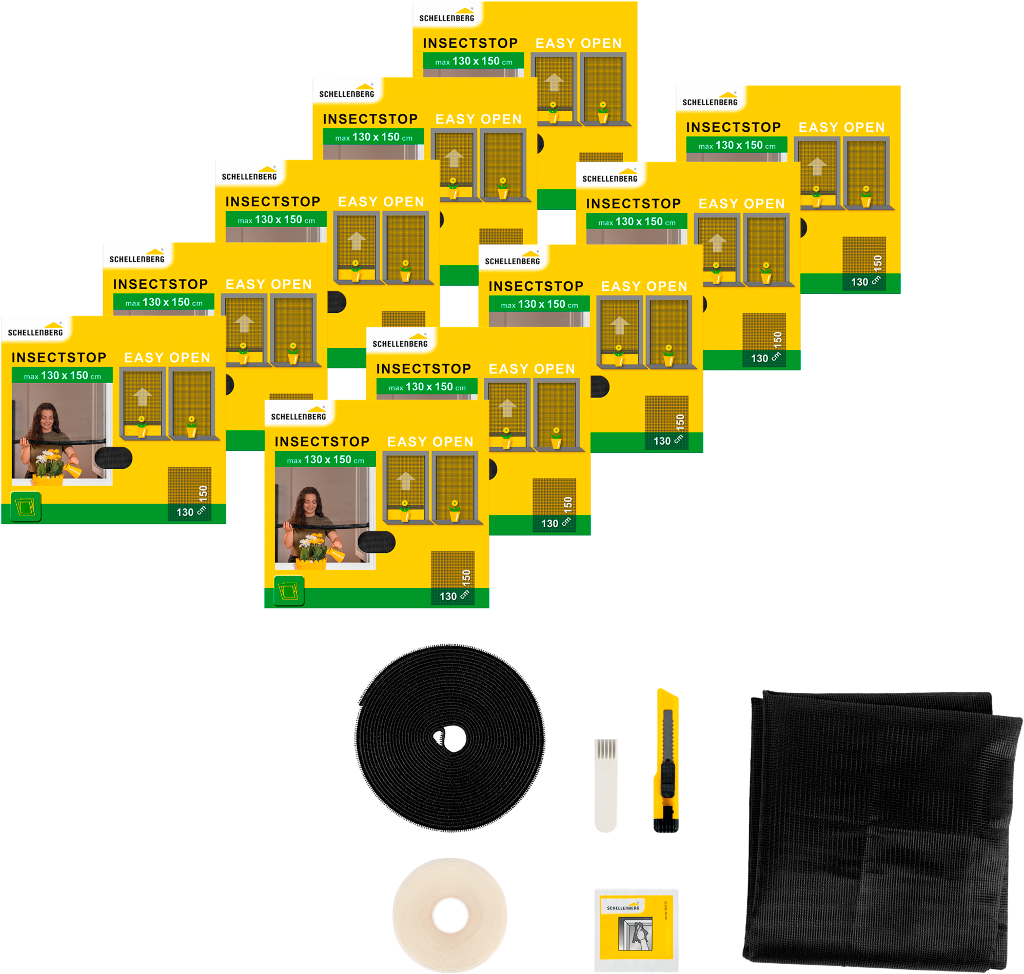 SCHELLENBERG Fliegengitter-Gewebe "aufrollbar, für Fenster", B/H: 130cm x 150cm, 10er Pack, grau, Insektenschutzgitter, Klebe-Klett-Montage, 130 x