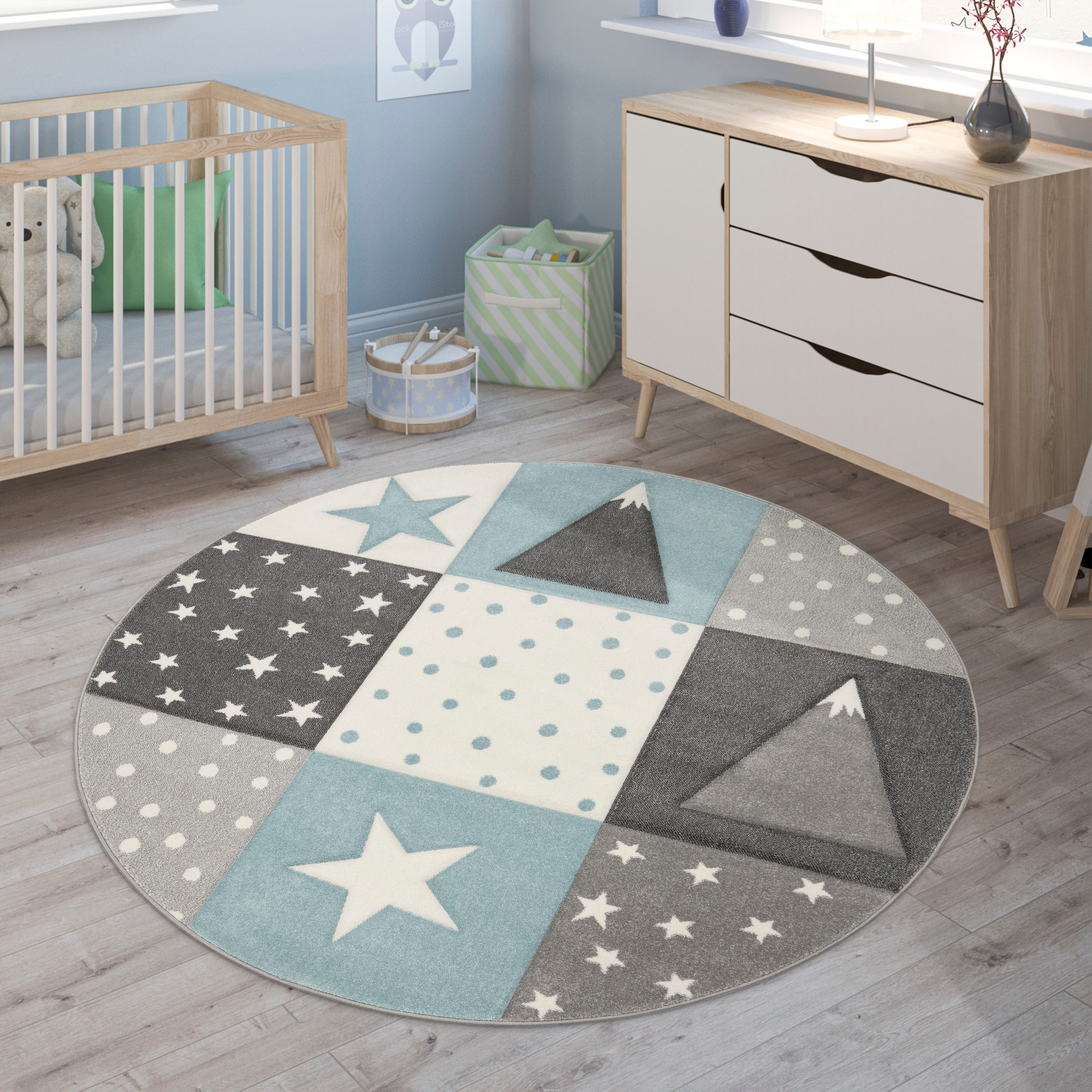 Paco Home Kinderteppich "Cosmo 340", rund, Kurzflor, Pastell-Farben, 3D Effekt, Motiv Berge, Punkte & Sterne