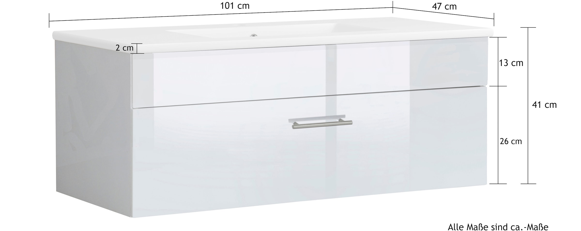 welltime Waschtisch »Trento Light mit Keramik-Auflagebecken«, 1 feste Blende und 1 Auszug, Breite: 101cm, Weiß Hochglanz