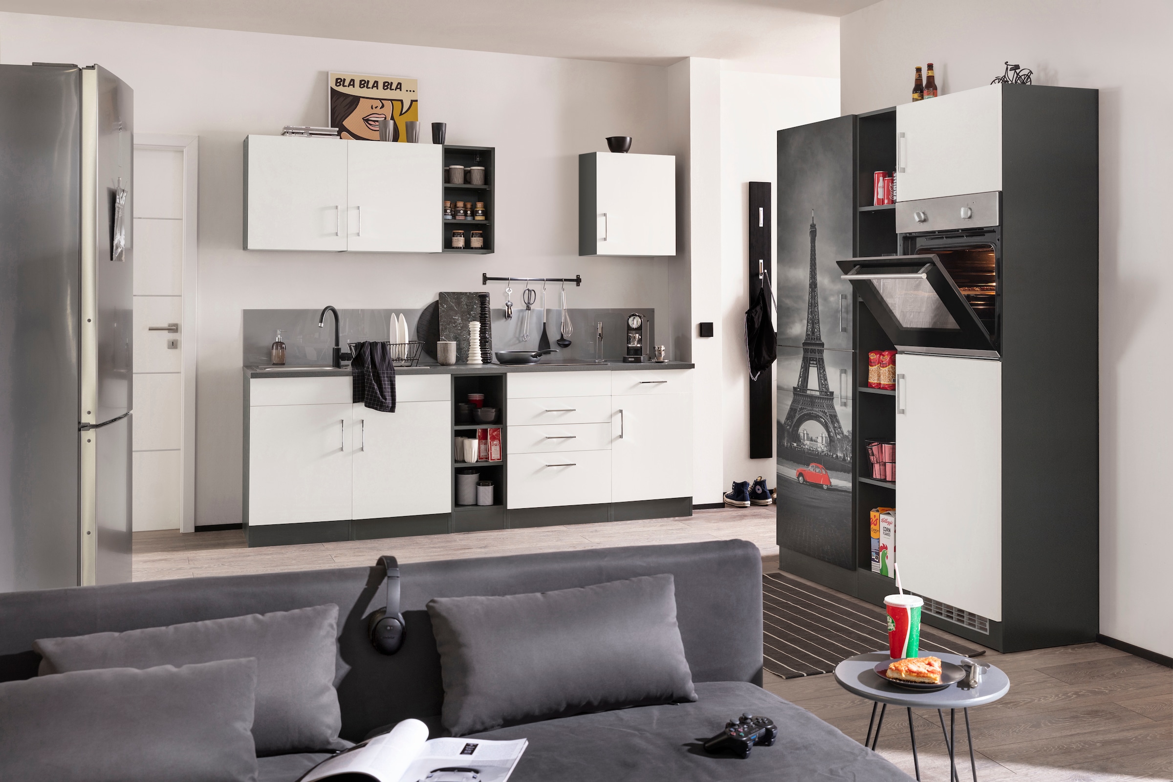 KOCHSTATION Küchenzeile »KS-Paris – Küchen mit einzigartigen Fotomotiven auf den Fronten« Breite 390 cm, wahlweise mit E-Geräten und Induktion