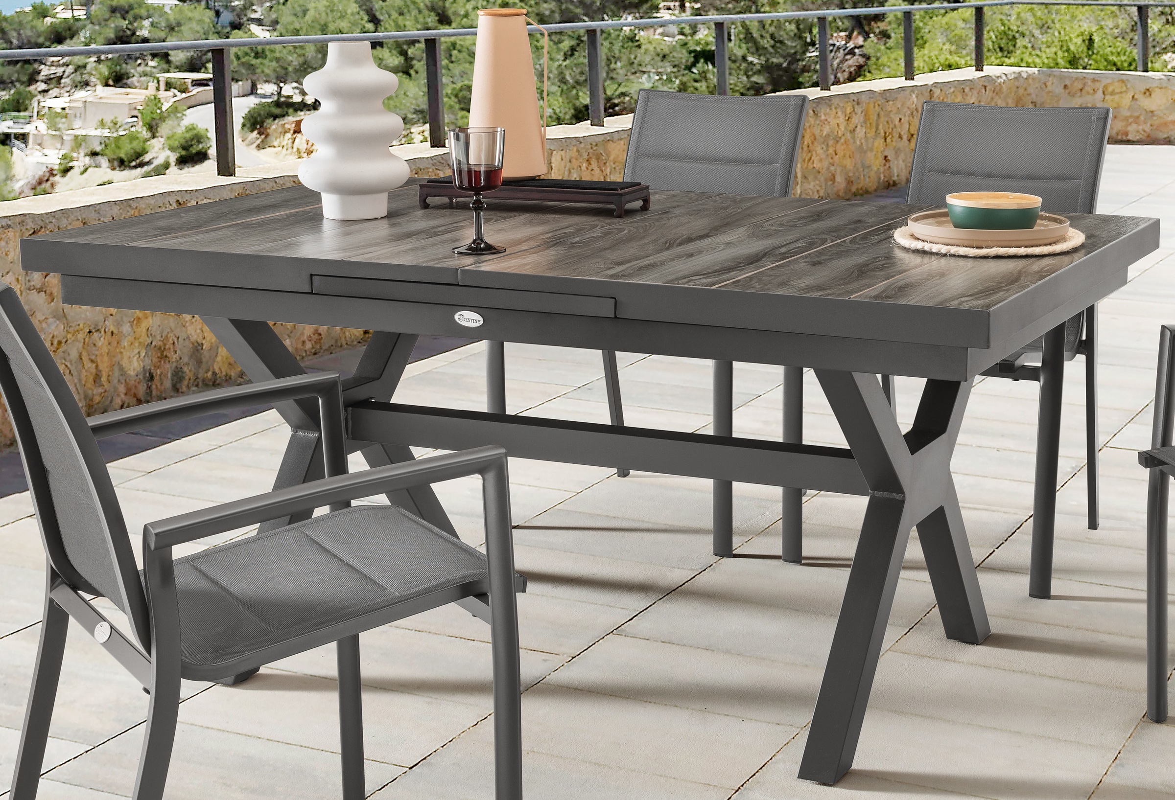 Destiny Garten-Essgruppe »COSTA GARDA«, (Set, 5 tlg., 1 Ausziehtisch, 4 Stapelsessel), (Set 5-tlg., 4 Sessel, 1 Tisch verstellbar 160/210x100x75cm) Aluminium