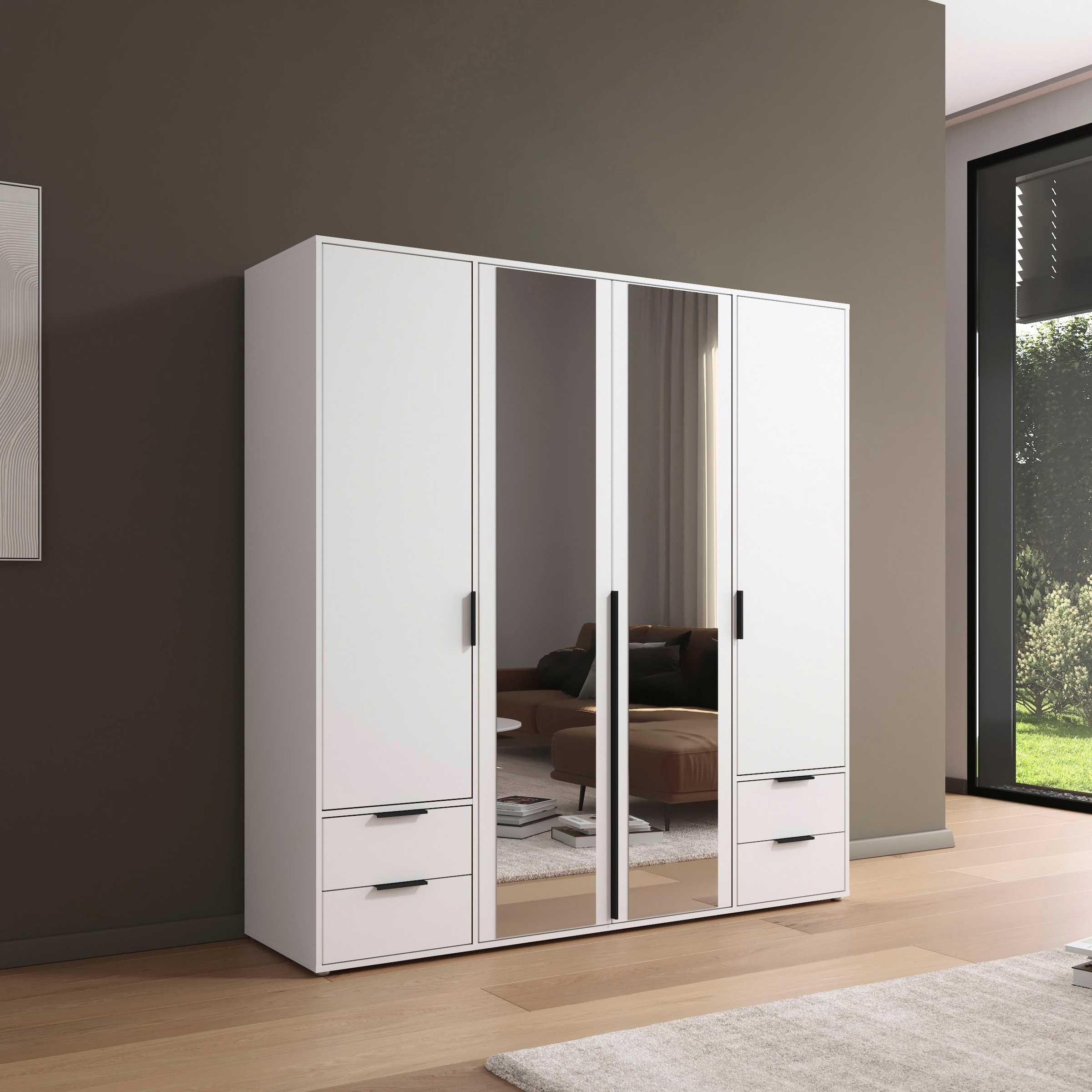 rauch Drehtürenschrank »Kleiderschrank Schrank Garderobe Wäscheschrank NAGATA mit Spiegel«, (in 3 verschiedenen Ausstattungen BASIC/CLASSIC/PREMIUM), und Schubladen sowie Stangengriffen TOPSELLER MADE IN GERMANY