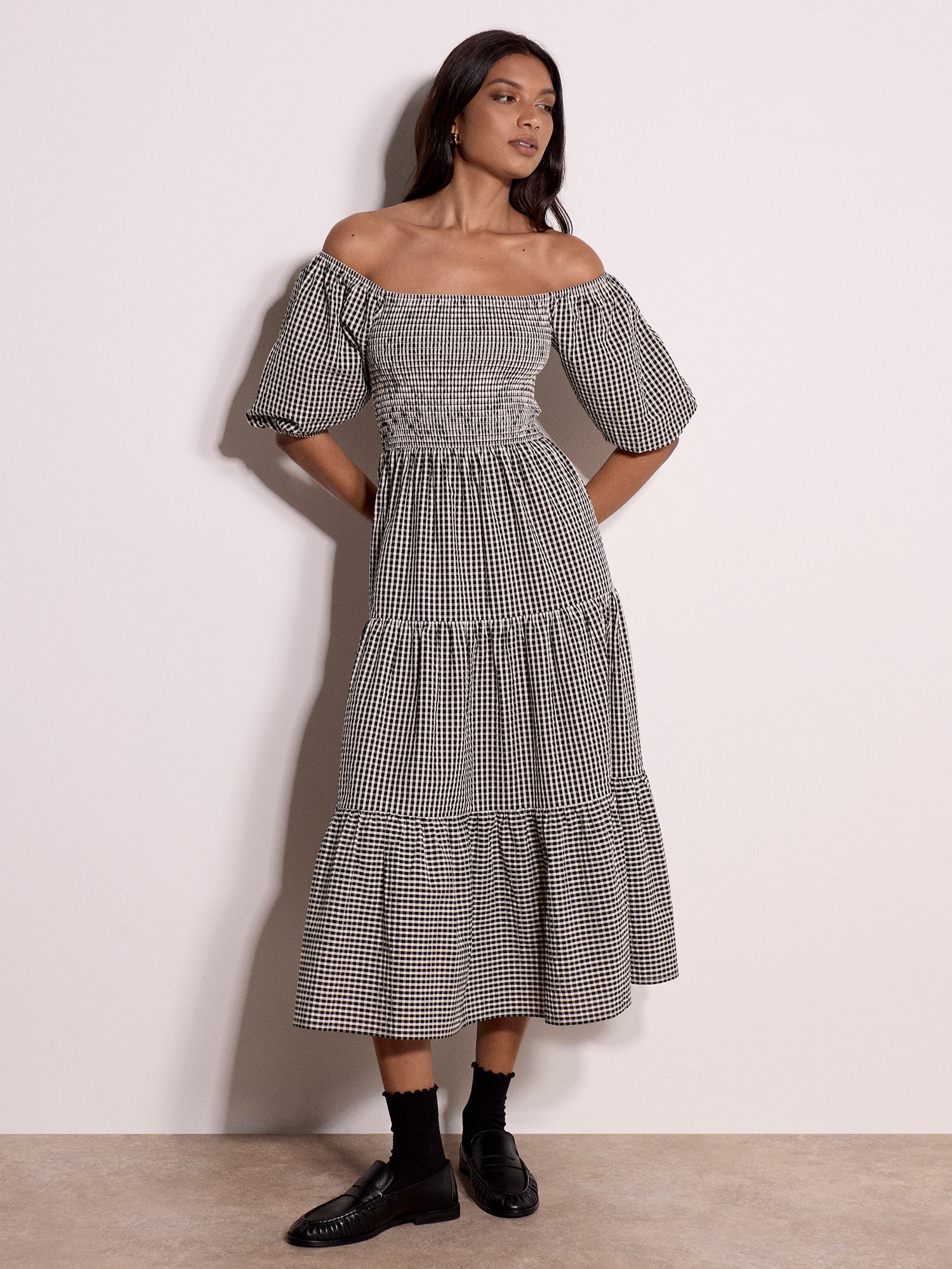 Apricot Midikleid "Milchmädchen-Midaxi-Kleid in Karomuster" mit eckigem Ausschnitt