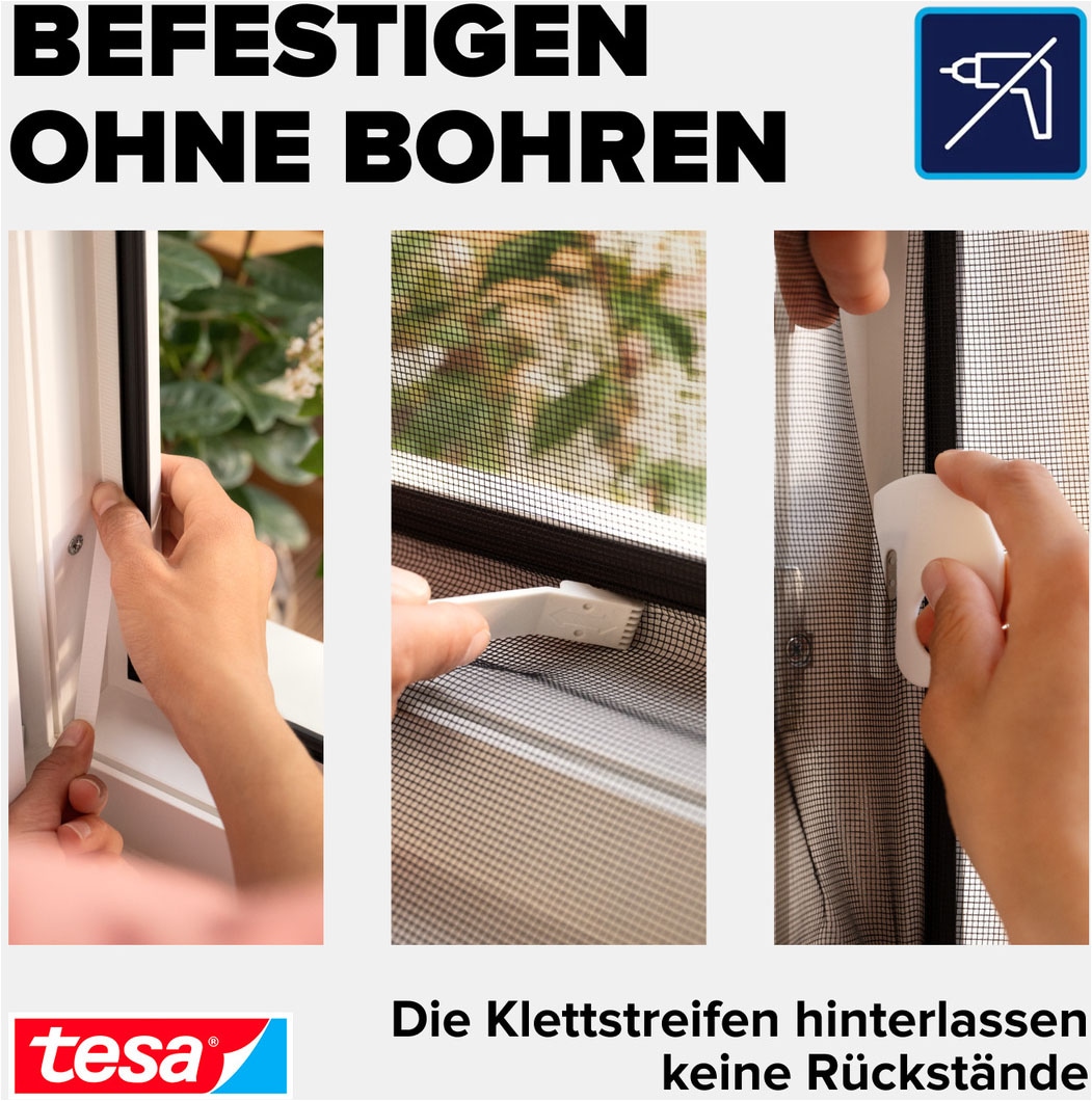 tesa Fliegengitter-Gewebe »Premium für Fenster, Insektenschutz mit Klettband - 170x180 cm« Packung, Fliegennetz, Klettband, Andrück und Schneidehilfe, 1 Stk. tlg. mit starkem Klettband, rückstandsfrei entfernbar, zuschneidbar