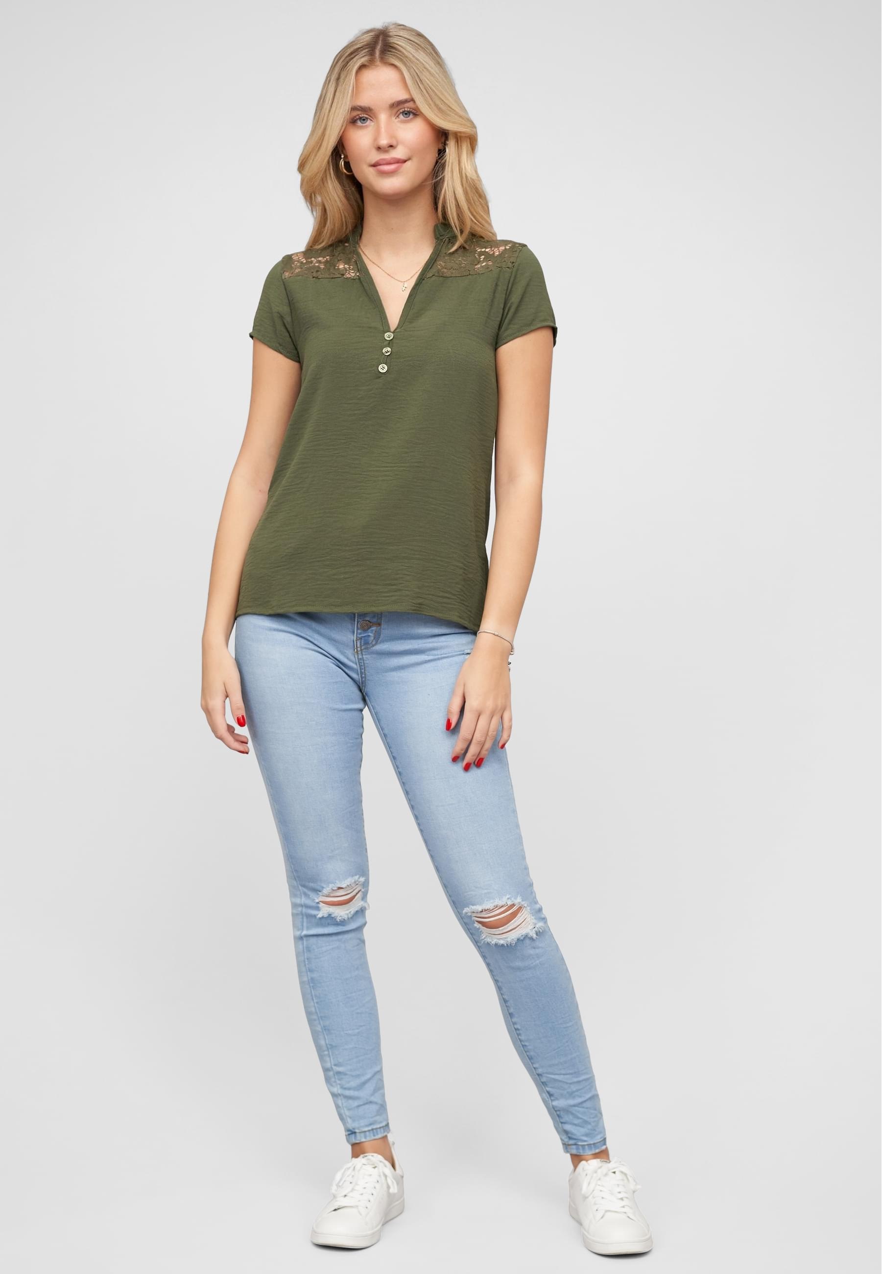 CLOUD 5IVE Klassische Bluse »CLOUD 5IVE Musselin Shirt V-Neck mit Deko Knopfleiste und Spitze«