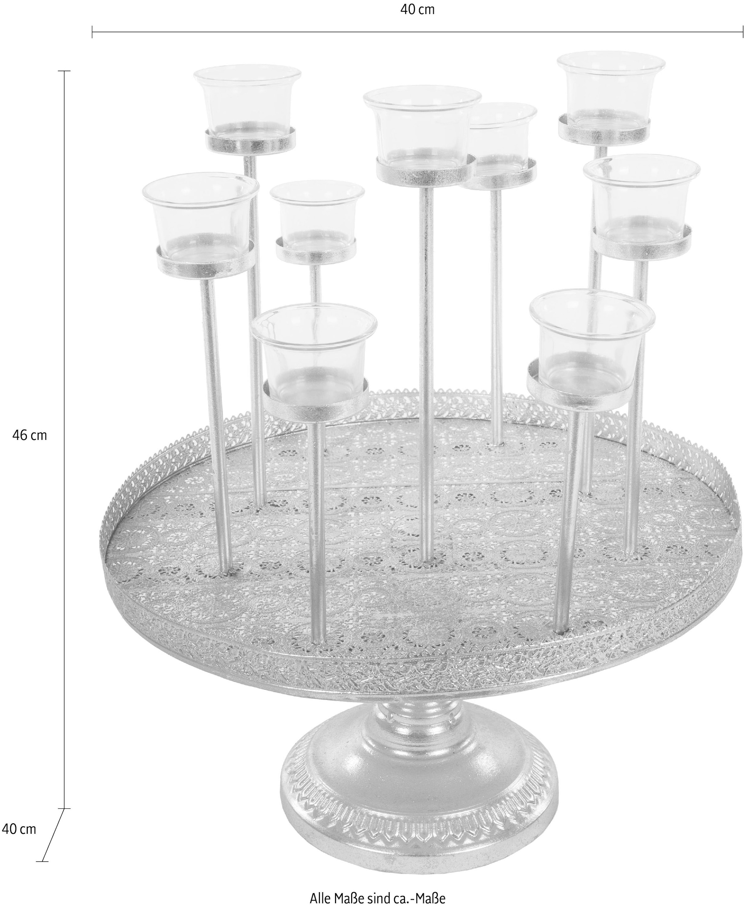 Myflair Möbel & Accessoires Tablett »Muki, silber«, Dekotablett rund, mit Fuß, Ø 40 cm, mit 8 Teelichthaltern, Wohnzimmer