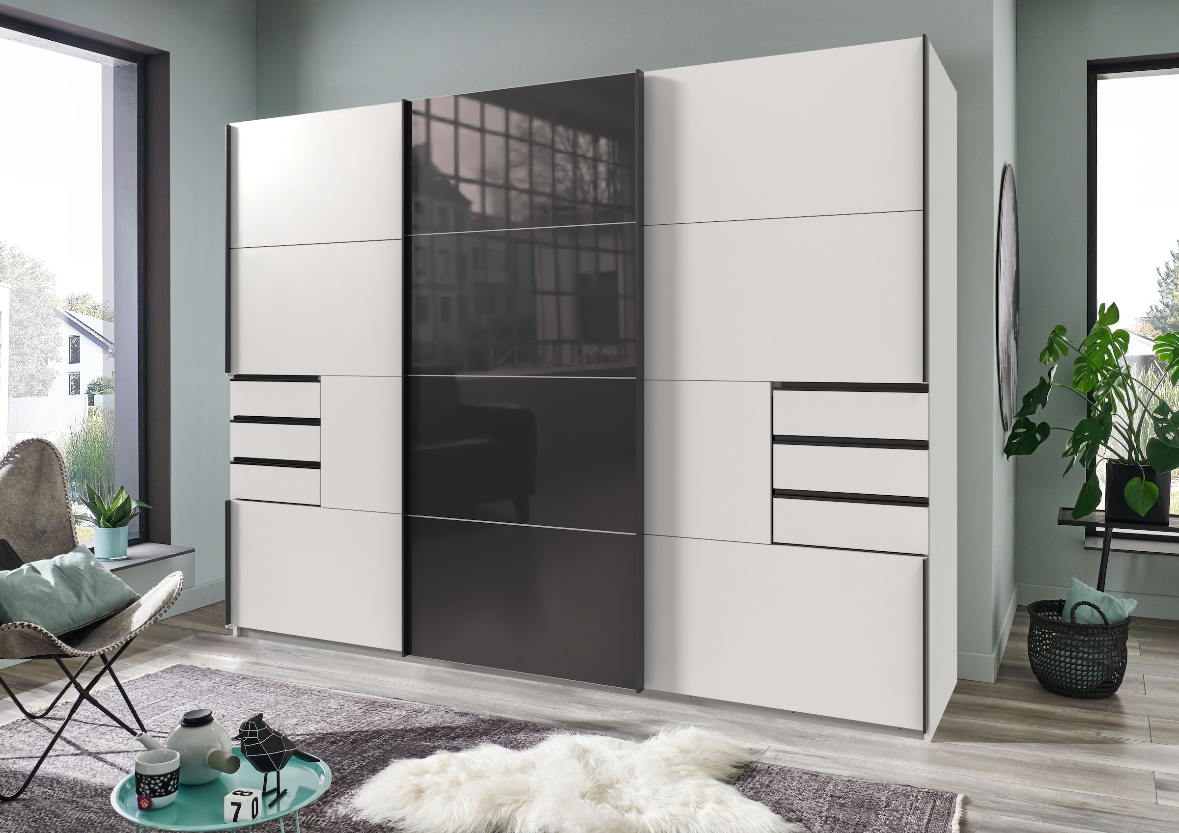 Wimex Schwebetürenschrank »Leonberg, Kleiderschrank mit 6 Schubladen«, mit graphitfb.Glasfront, 270cm breit, 208cm hoch