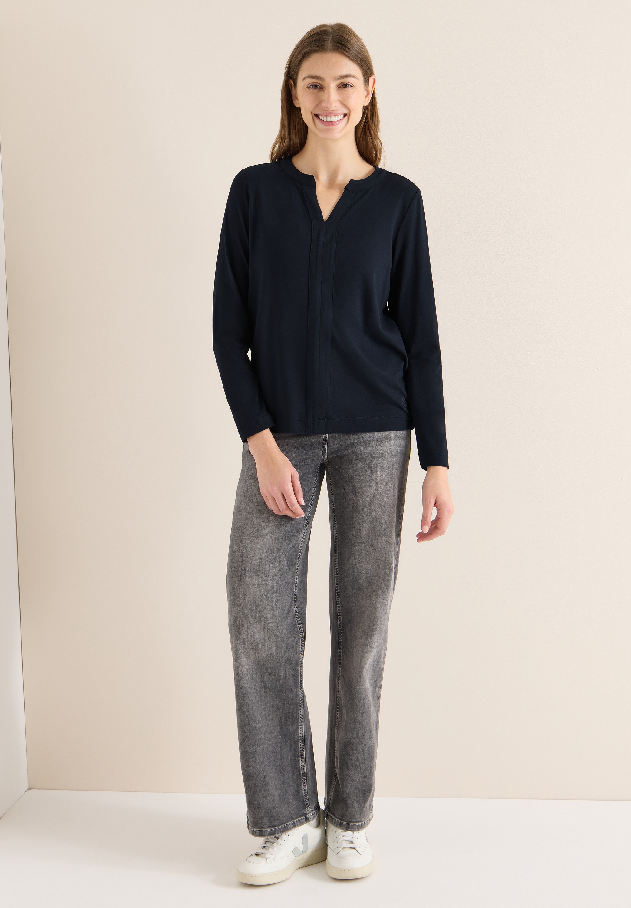 Langarmshirt CECIL, Damen, Gr. M (40), universal blau, Web, 48% Baumwolle, 48% Modal, 4% Elasthan, unifarben, comfort fit normal, Rundhals, abgesteppt, Shirts Langarmshirt, aus Baumwolle mit Stretchante 3