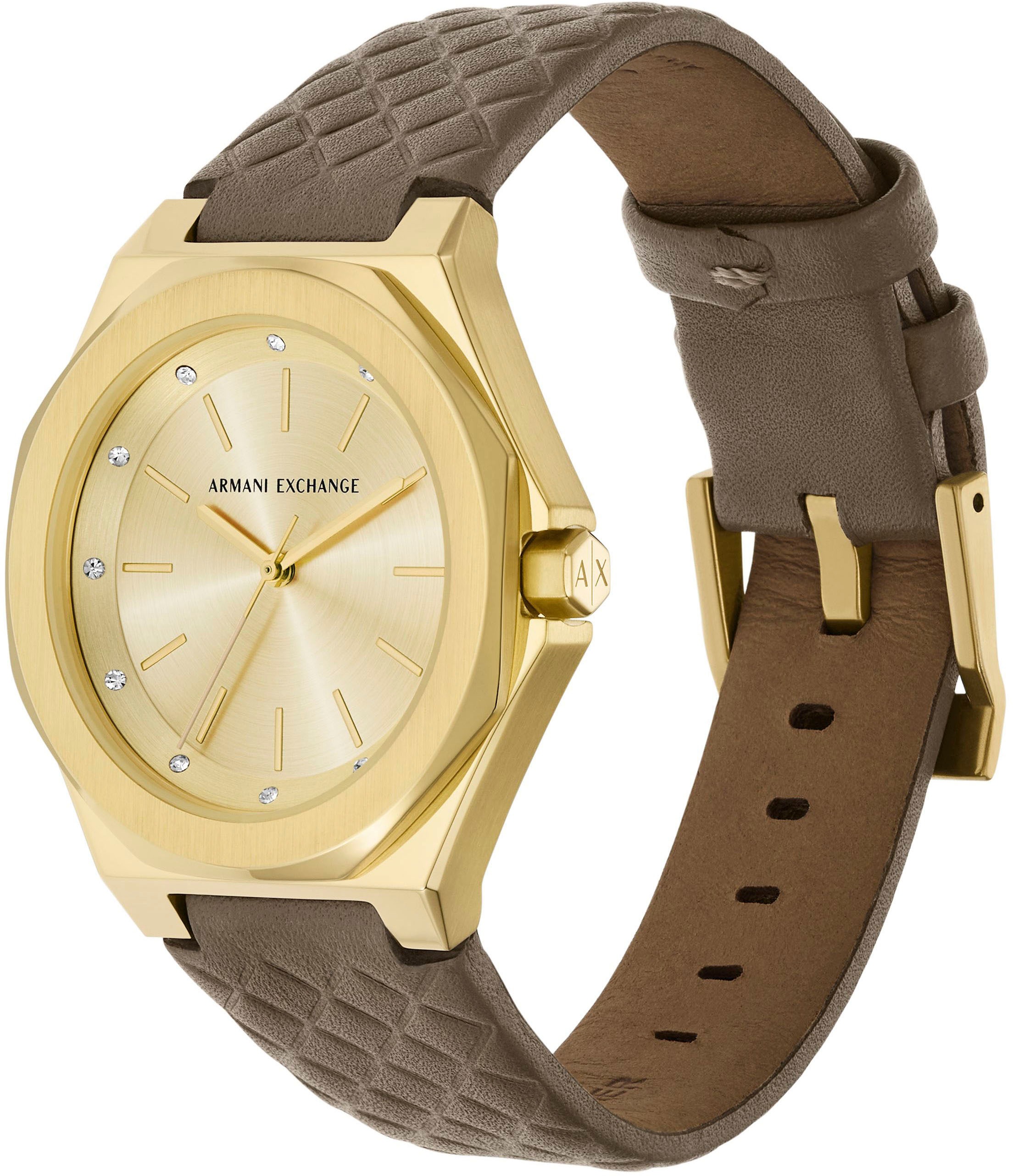 ARMANI EXCHANGE Quarzuhr, Armbanduhr, Damenuhr, Lederarmband, analog, Glassteine
