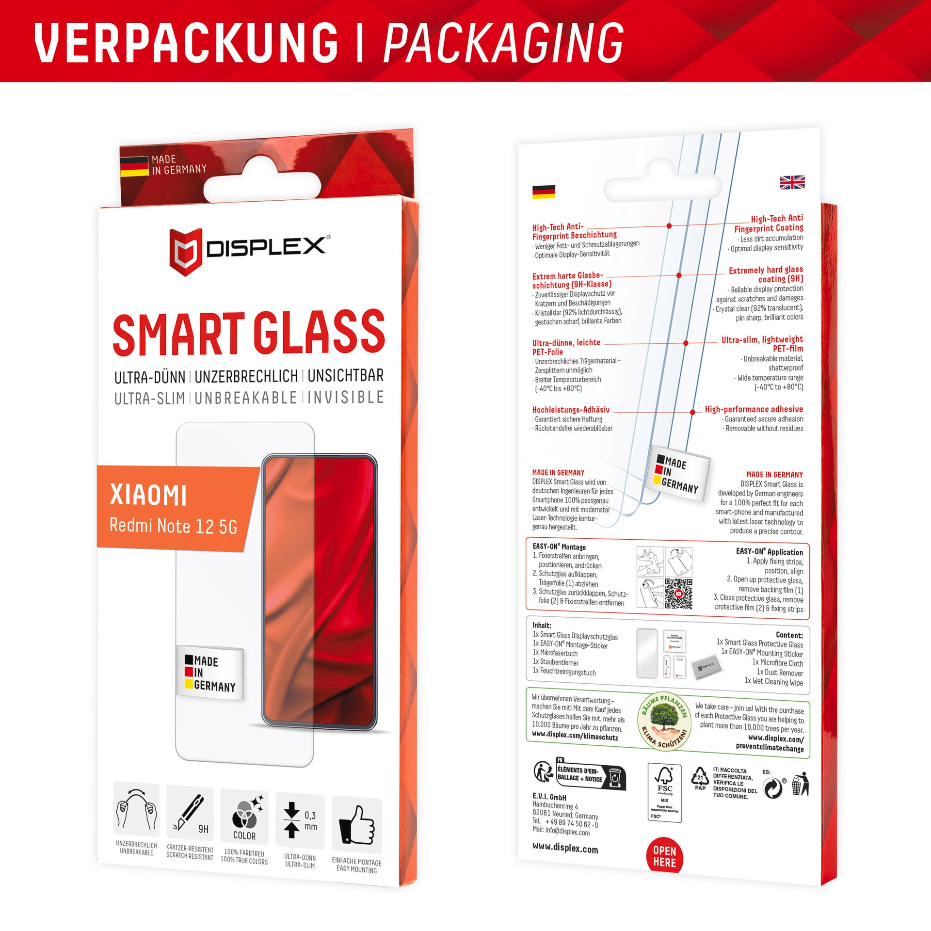 Displex Displayschutzglas »Smart Glass«, für Xiaomi Redmi 12 (5G), Displayschutzfolie Displayschutz kratzer-resistent 9H unzerbrechlich