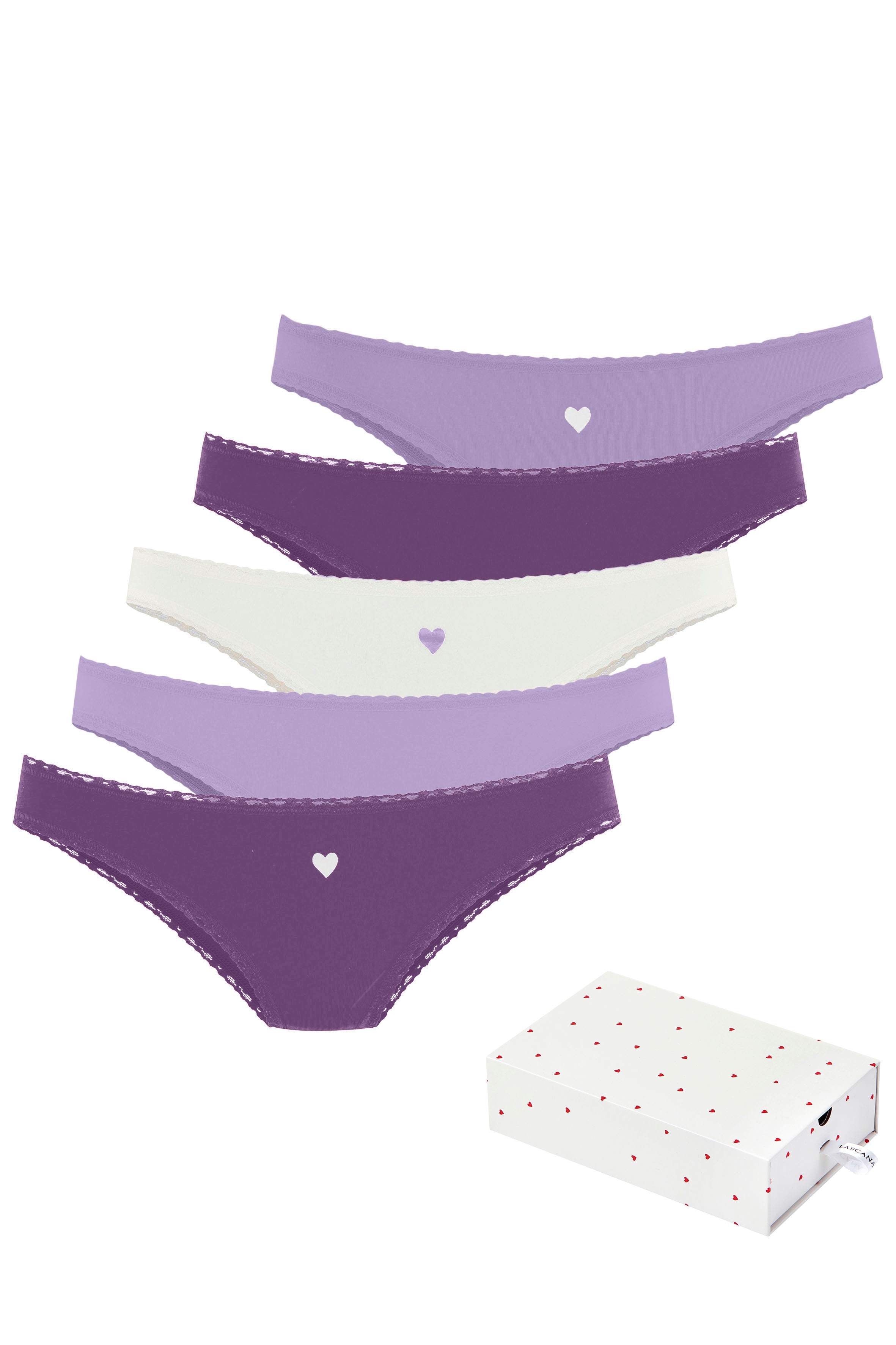 LASCANA Brasilslip "Geschenk Box" 5er-Pack, mit süßen Herzchen-Prints und aus elastischer Baumwoll-Qualität
