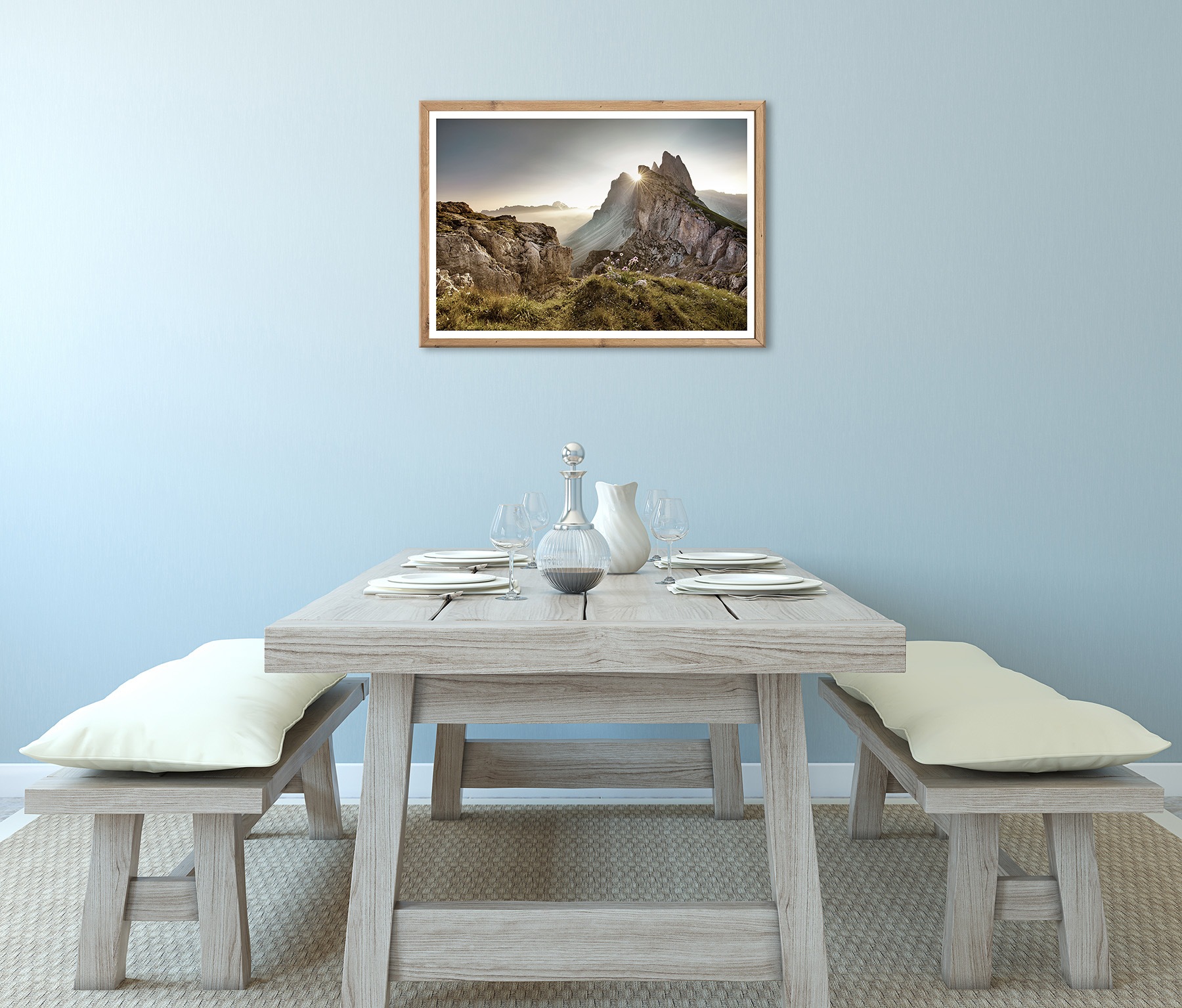 Bönninghoff Bild mit Rahmen »Wandbild gerahmt BERGE SONNENAUFGANG 50x70 cm – Landschaftsbild Alpen« Berge | Blumen | Felsen | Natur | Sonnenaufgang 1 Stk. tlg. mit dekorativem Rahmen