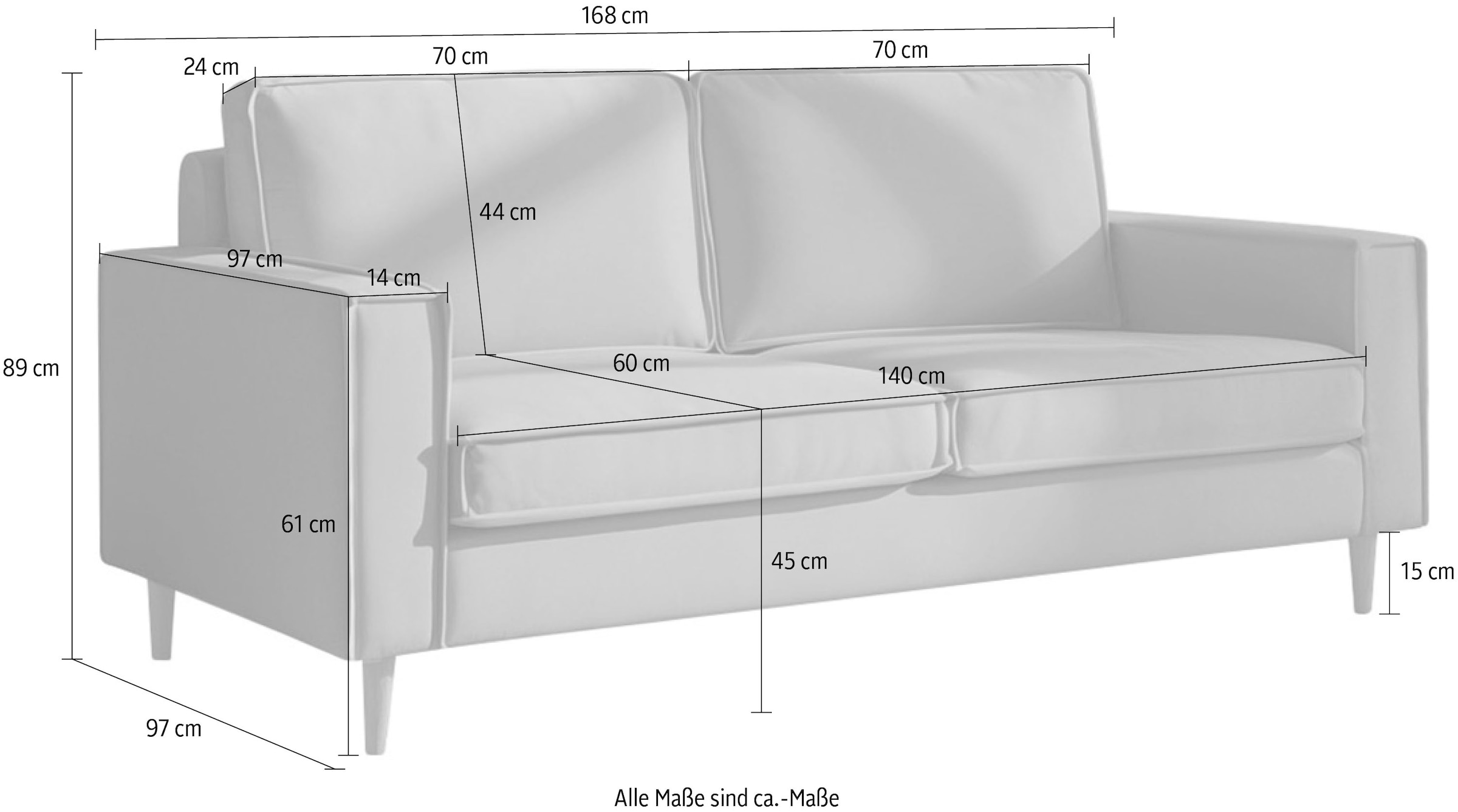 Home affaire 2-Sitzer »Pinto Skandi, 166 cm, Chenille, Struktur« mit Keder, Massivholzfüße Eiche geräuchert, Wellenunterfederung
