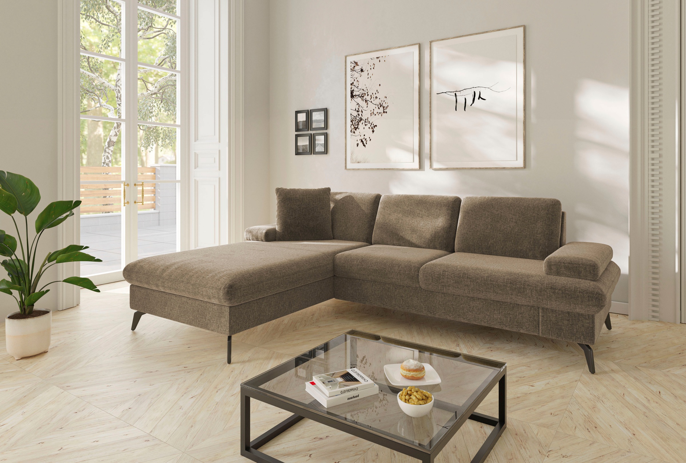 Ecksofa SIT & MORE "Morris Jubi L-Form, B: 247 cm", braun (hellbraun), B:247cm H:83cm T:171cm, 100% Polyester, Sofas, Ecksofa, mit Armteilfunktion & 1 Zierkissen, optional Bettfunktion