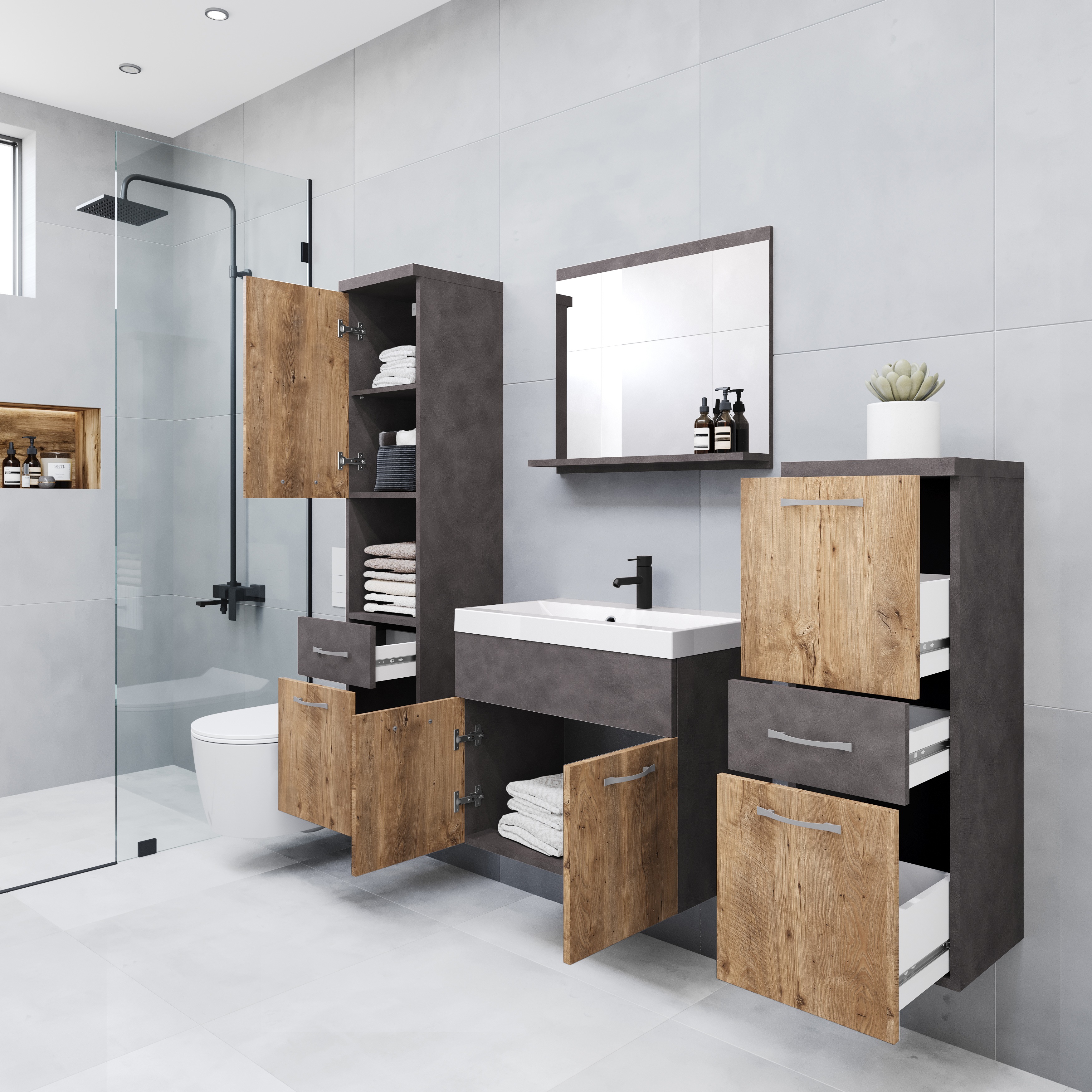 Thumbnail - welltime Badmöbel-Set "ELDA", (Komplett-Set, 5 St.), Waschtisch inkl. Waschbecken, Hochschrank, Badschrank und Spiegel