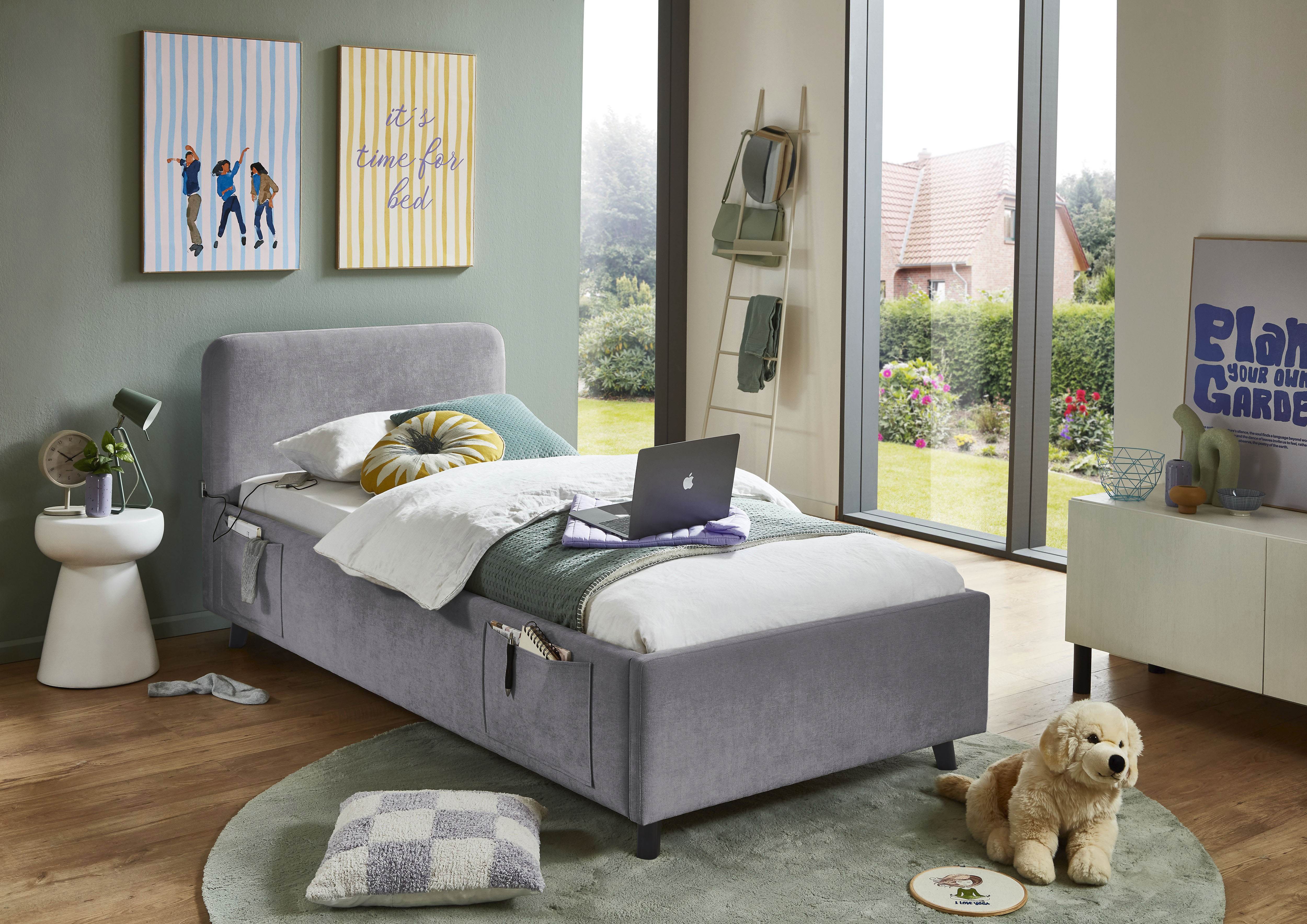 meise.möbel Kinderbett "COSY in de Breiten 90, 120 & 140 erhältlich, wahlweise mit Bettkasten" wahlweise mit Holzfuß in schwarz oder eiche, inkl. USB-Anschluss