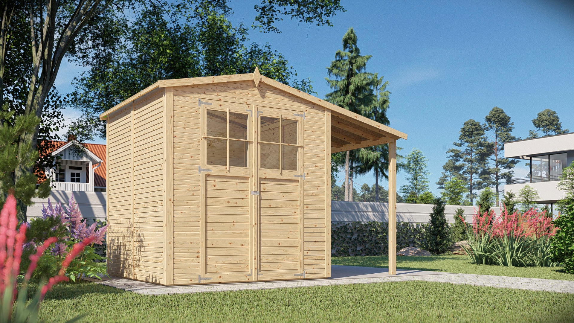 KONIFERA Gartenhaus »Alto 3 PLUS Fineline Satteldach«, mit Anbaudach
