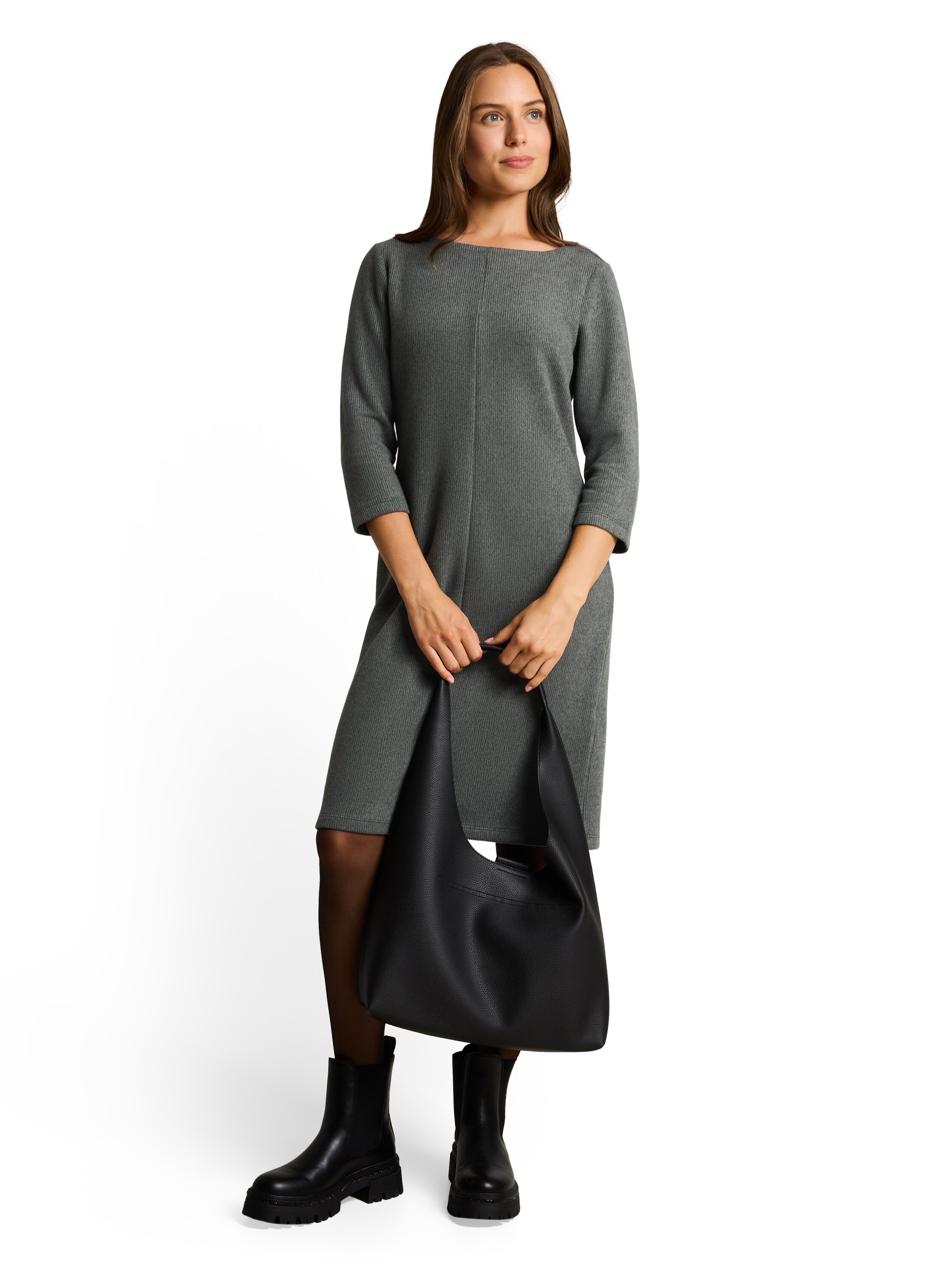 TOM TAILOR Midikleid Ohne Taschen 3/4-Arm-Strickkleid mit U-Boot-Ausschnitt
